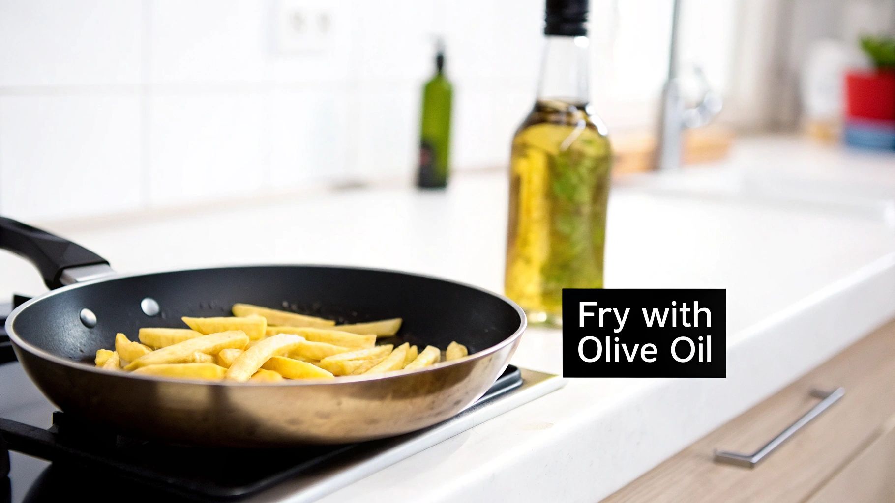 French fries cooking in a frying pan on a stovetop with a bottle of olive oil in the background.
