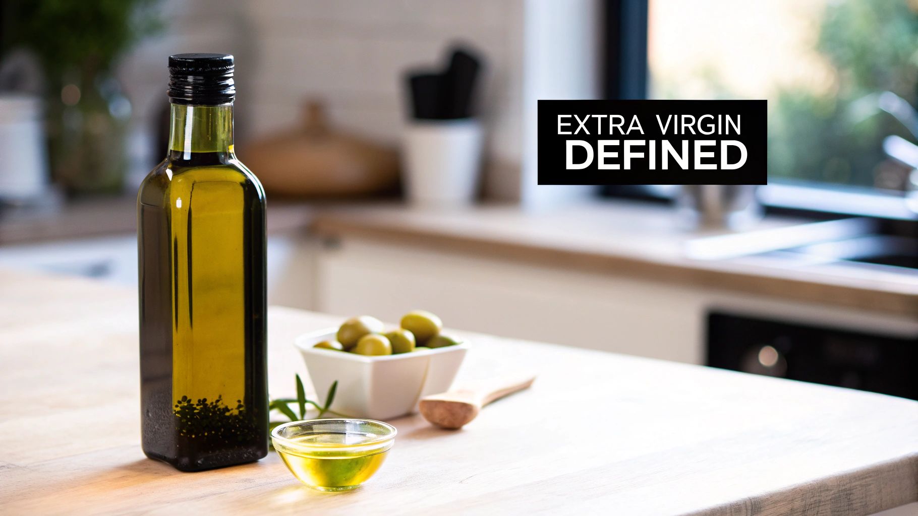 A bottle of extra virgin olive oil, a bowl of olives, and a small dish of oil on a kitchen counter.