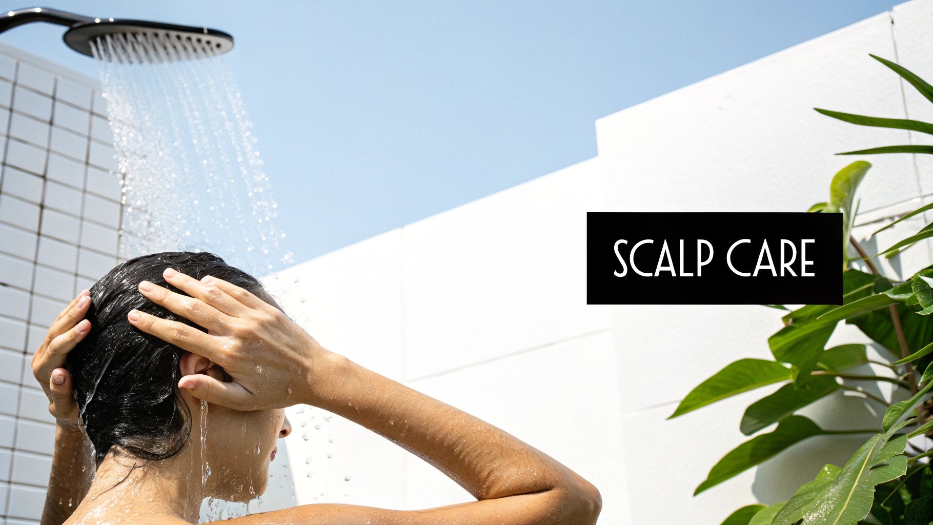 A person gently washing their hair with shampoo, focusing on the scalp.