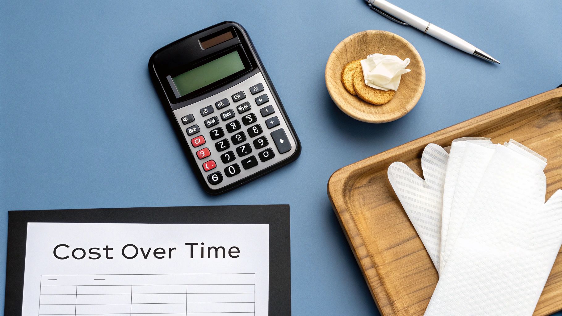 Flat lay showing a calculator, pen, document titled 'Cost Over Time', snacks, and disposable gloves on a blue desk.