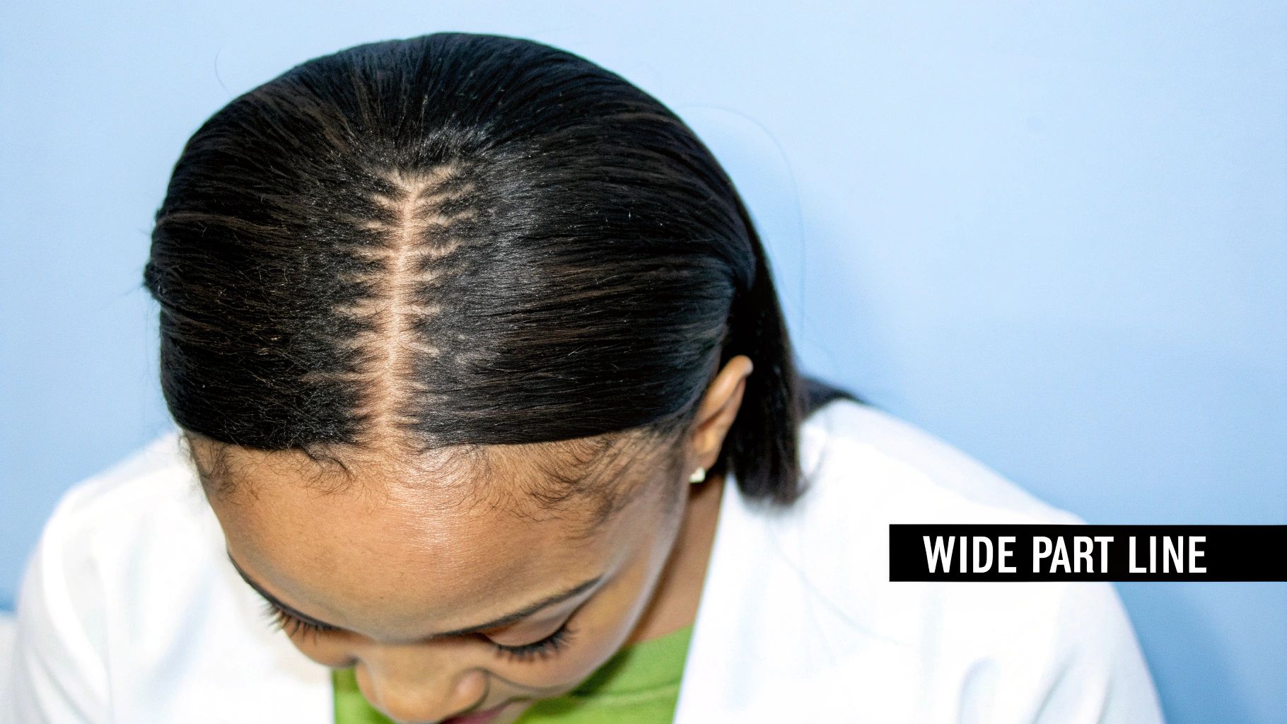 A close-up image showing a widening part line, making the scalp more visible.