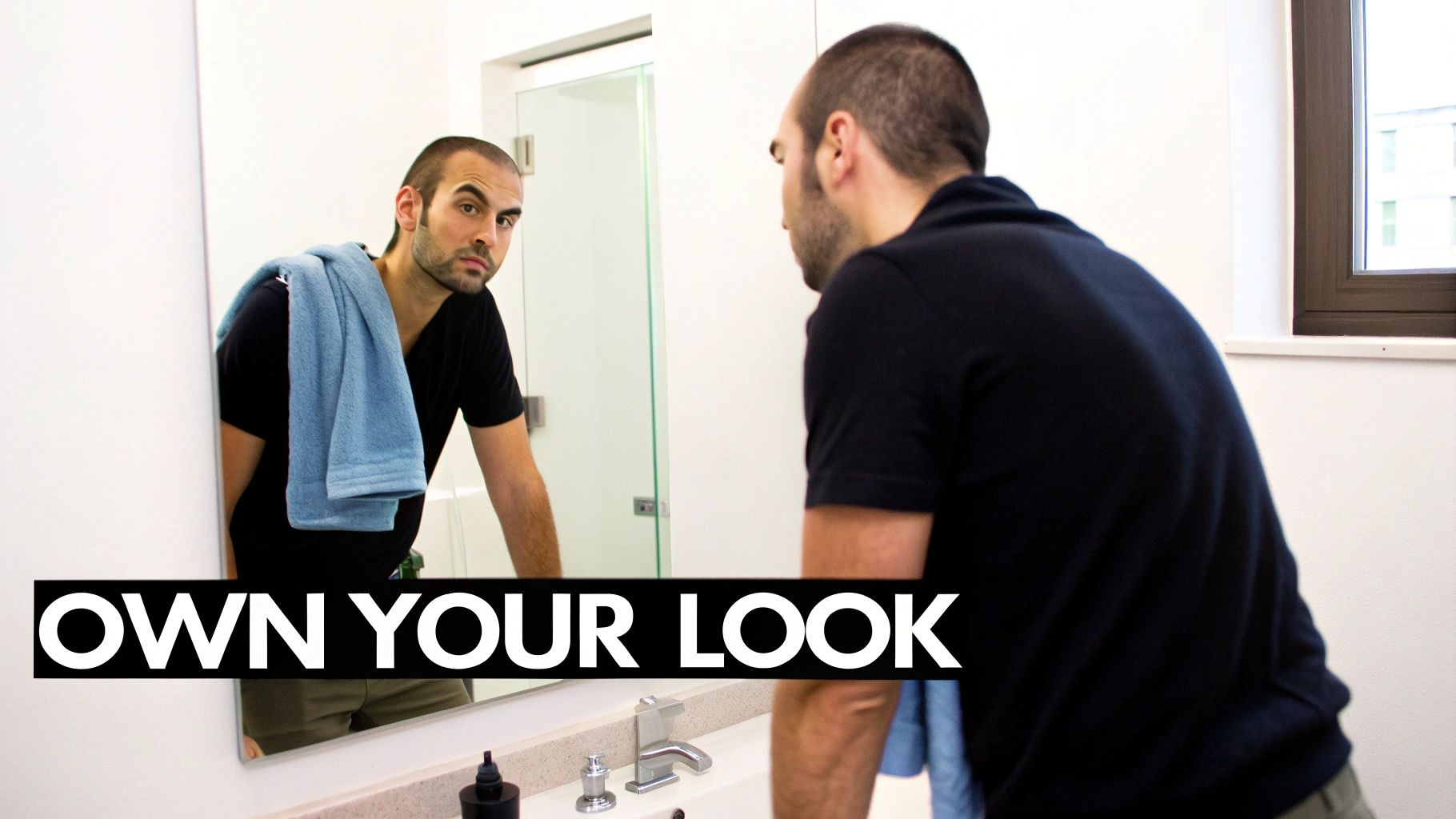 A man in a black t-shirt and blue towel looks at his reflection in a bathroom mirror.