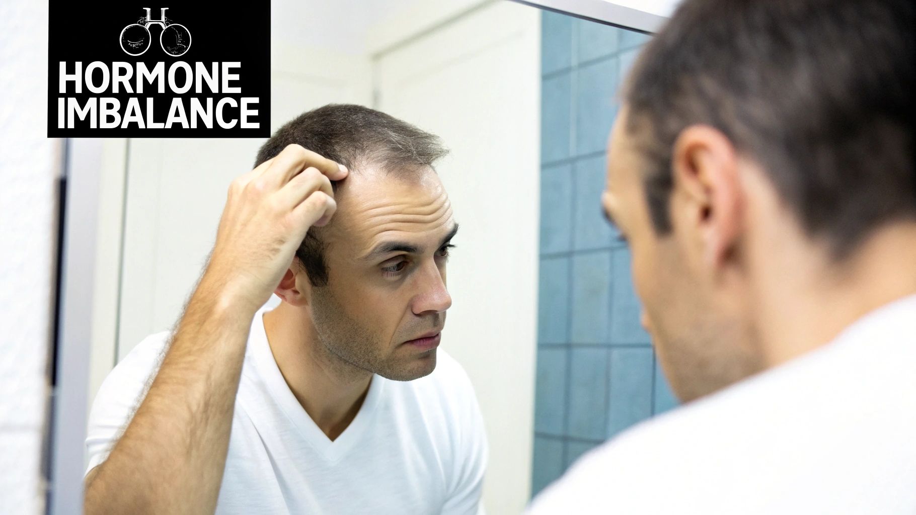 A man in a white shirt looking in a mirror, concerned about his receding hairline, with 'HORMONE IMBALANCE' text.