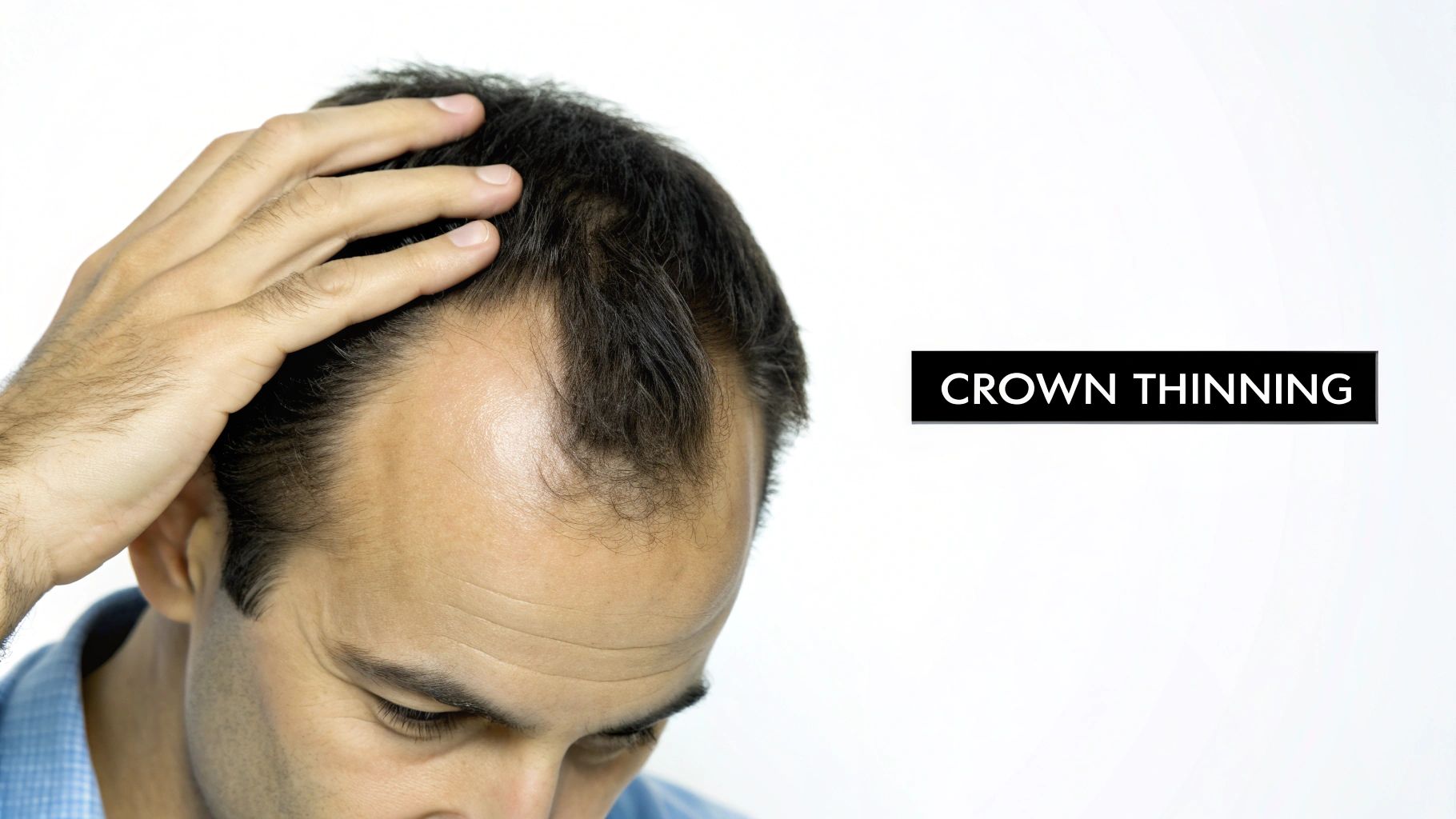 A man shows visible crown thinning hair loss on his head, with his hand touching the scalp.