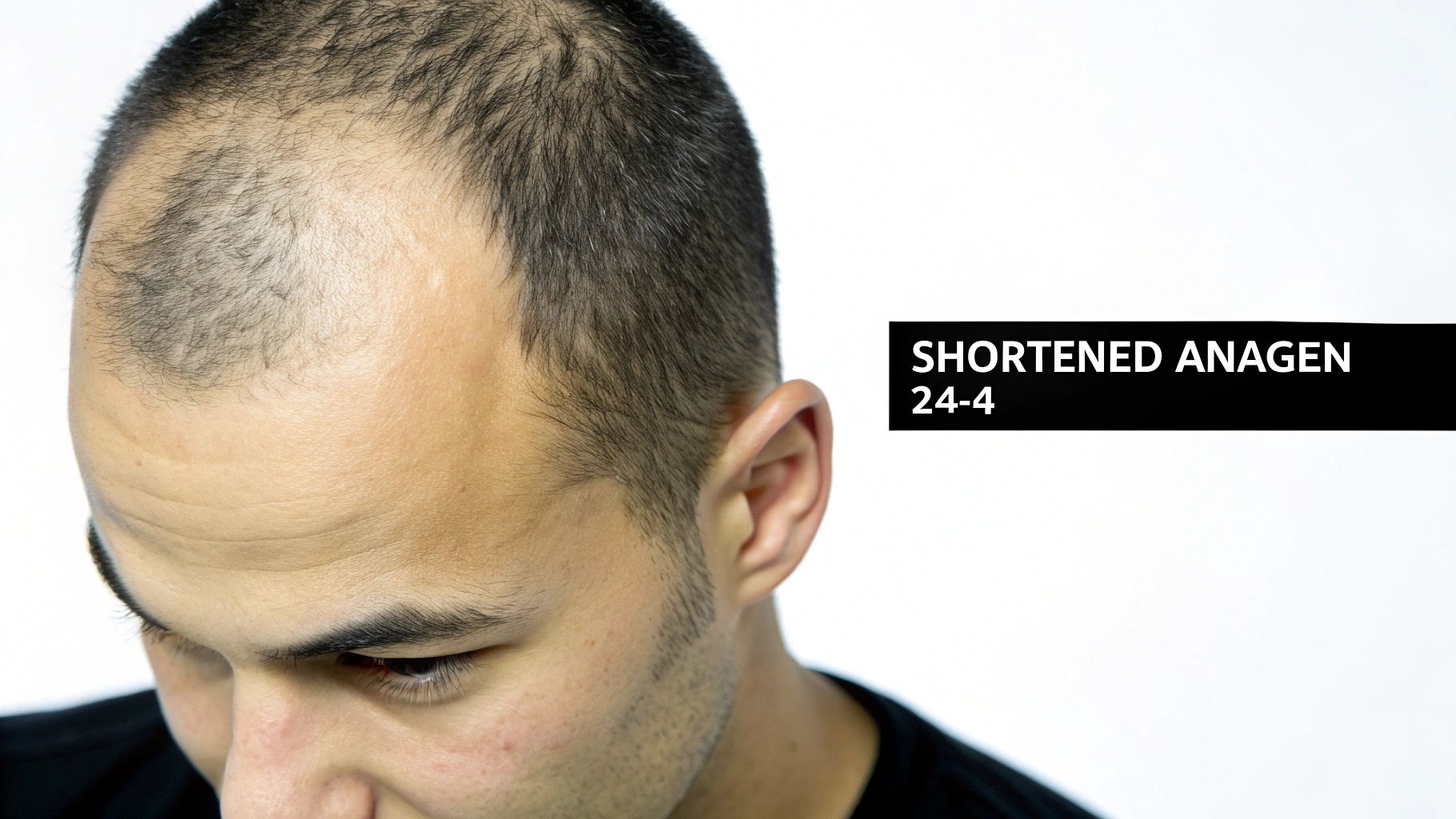 Top view of a man's head experiencing hair thinning and balding, with a text overlay "SHORTENED ANAGEN".