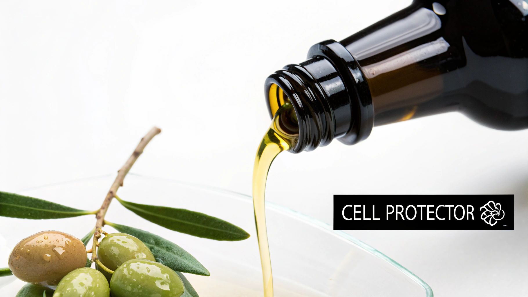 A bottle of high-quality olive oil next to a bowl of fresh olives and leaves