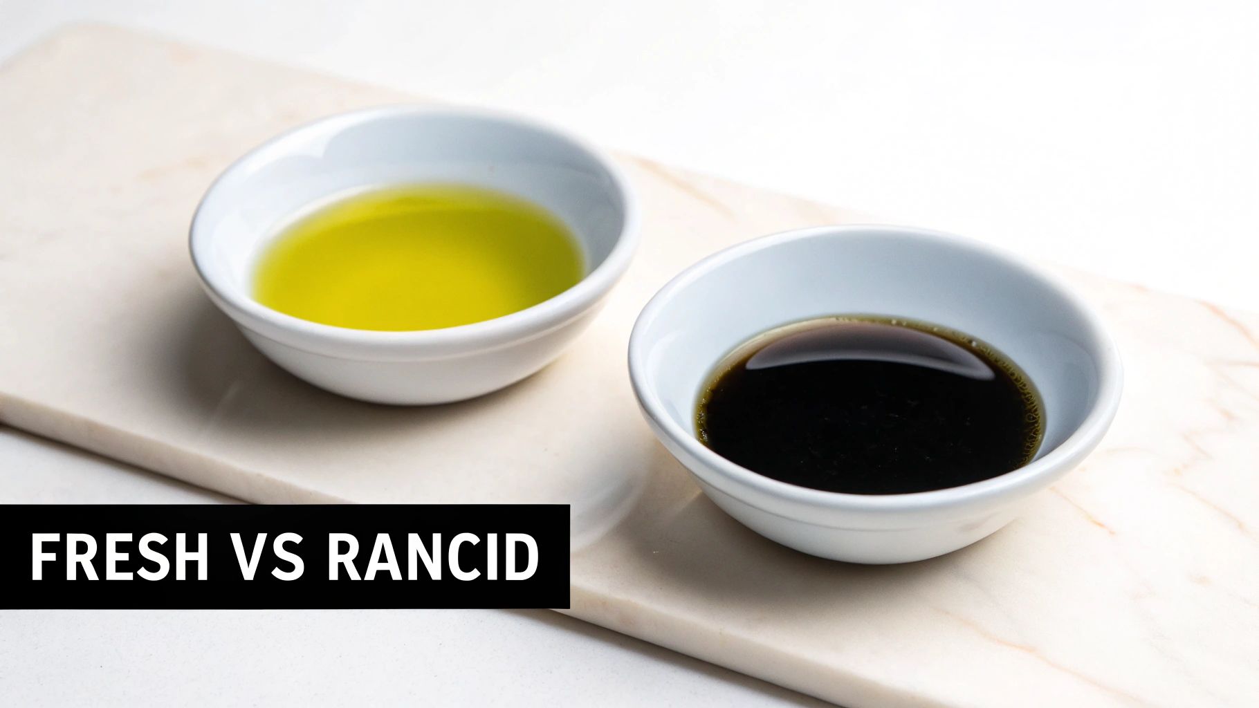 Two small bowls, one with yellow olive oil, one with dark liquid, on a marble surface, with 'FRESH VS RANCID' text.