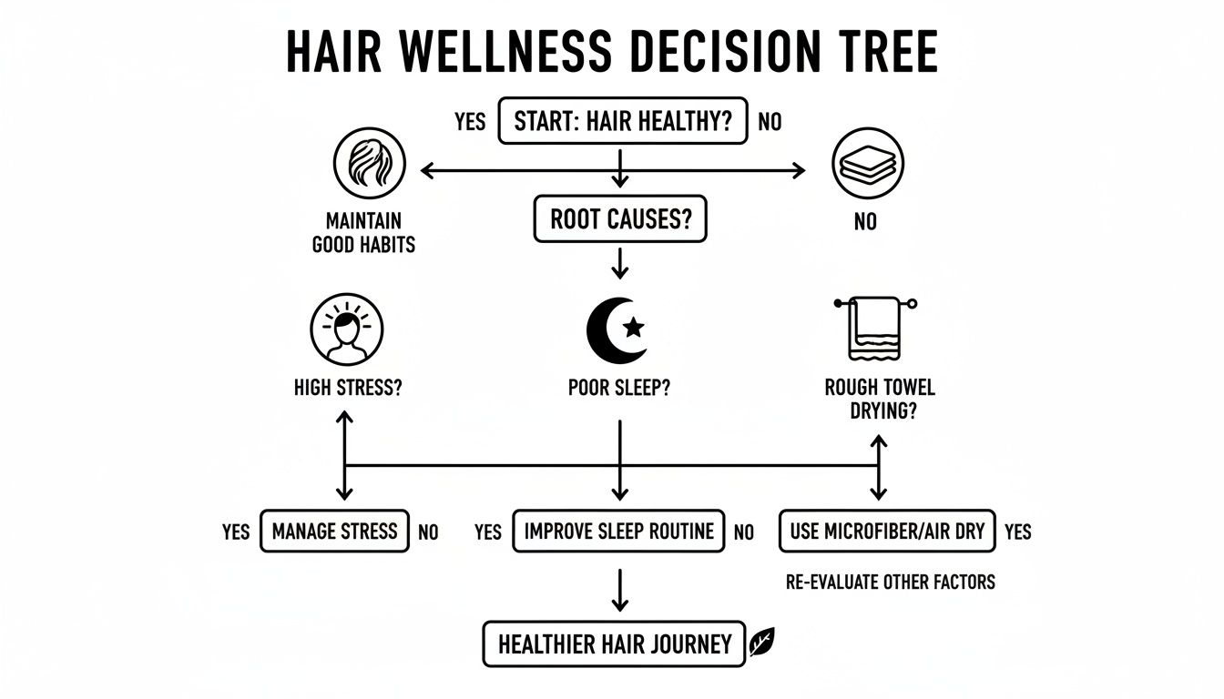 Flowchart for hair wellness, identifying root causes like stress, sleep, and drying for healthier hair.