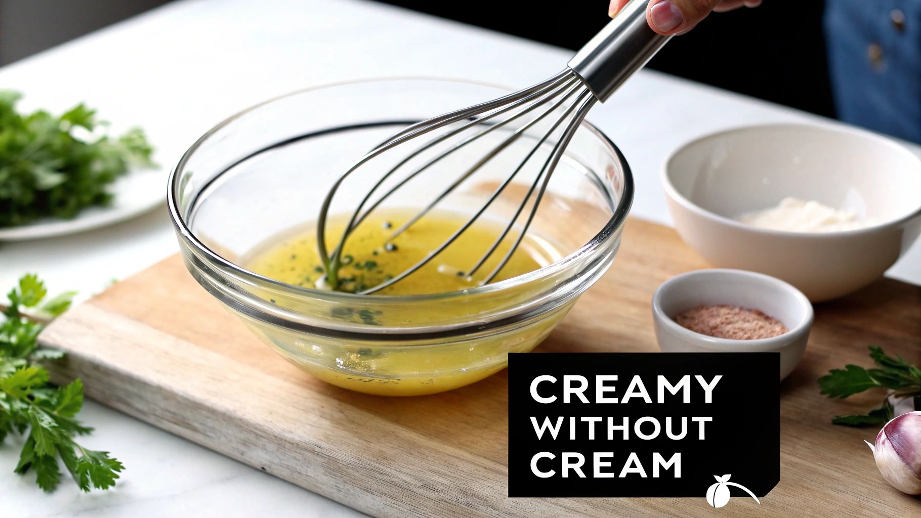 A dish with a perfectly drizzled olive oil sauce and garnished with fresh herbs.