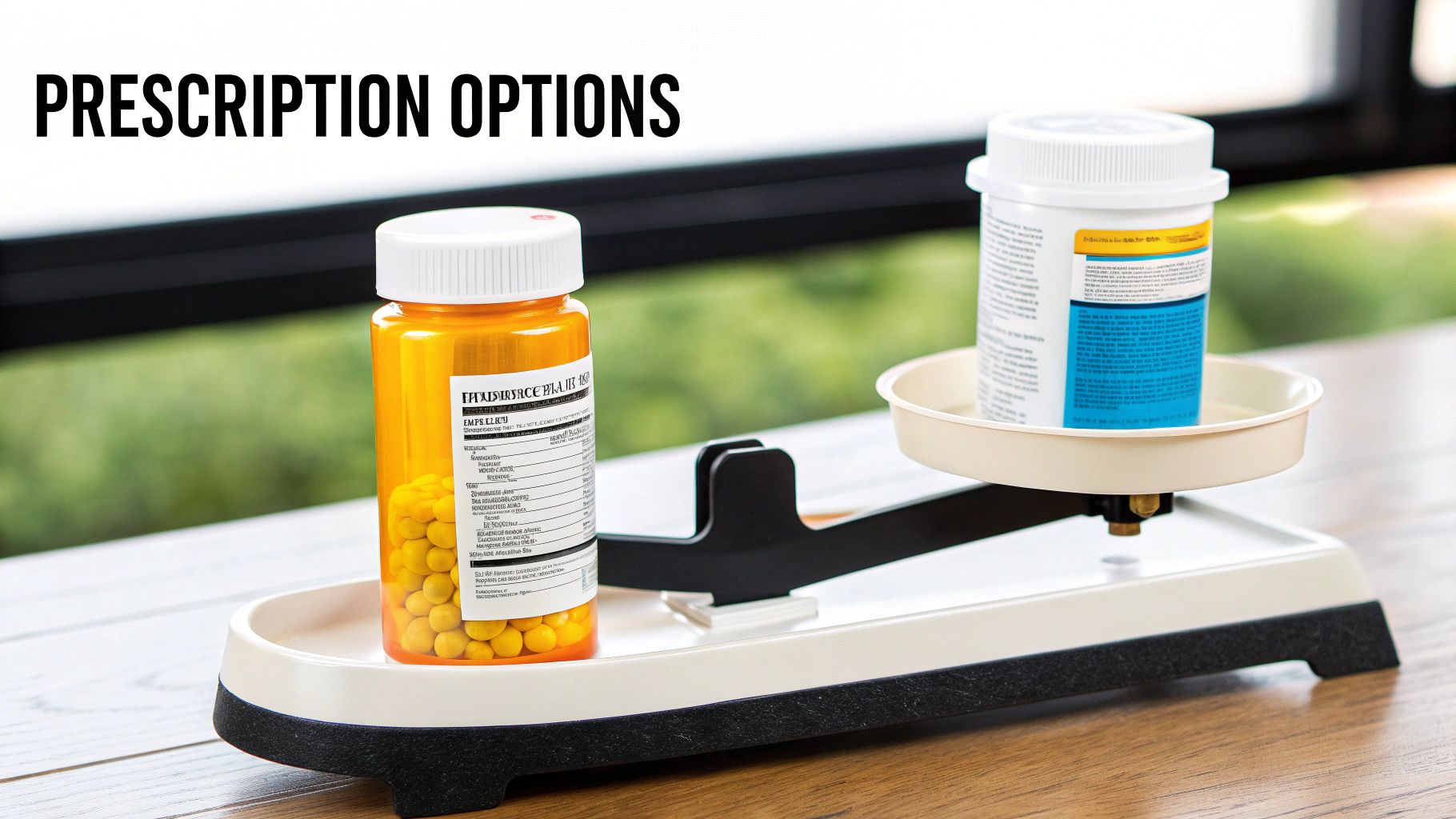 Two prescription medication bottles on a balance scale, illustrating different options.