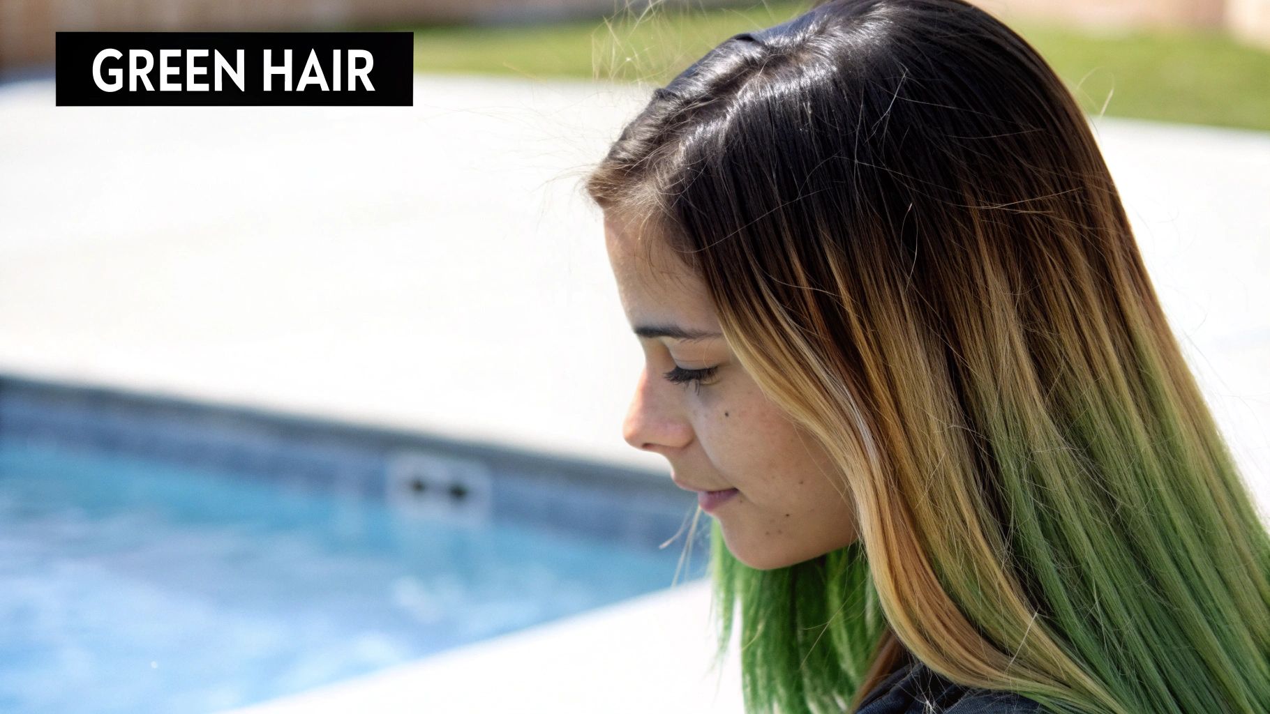 Profile view of a woman with long ombre hair, transitioning from dark to green, by a pool.