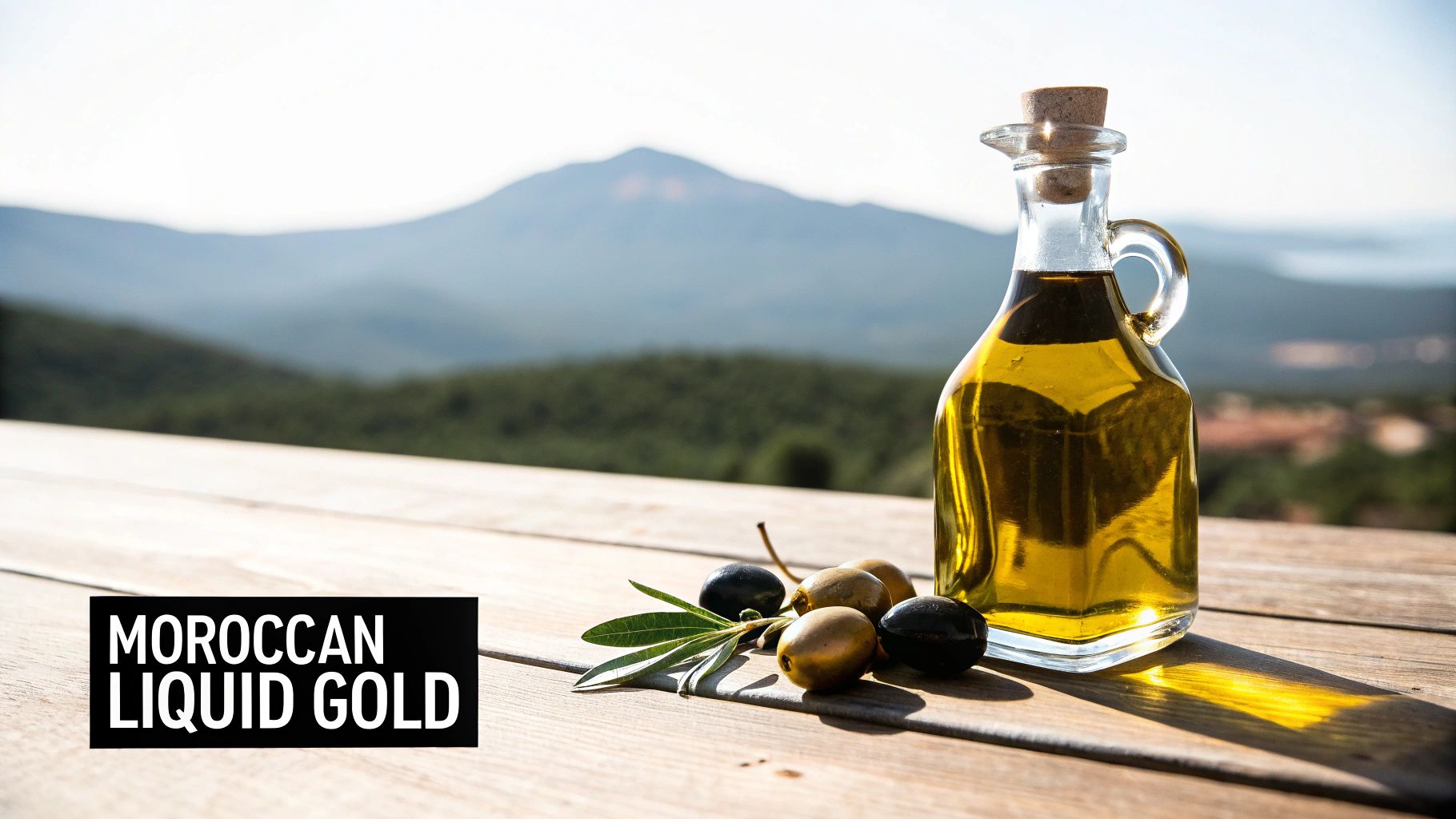 Ancient olive tree in a Moroccan grove with mountains in the background