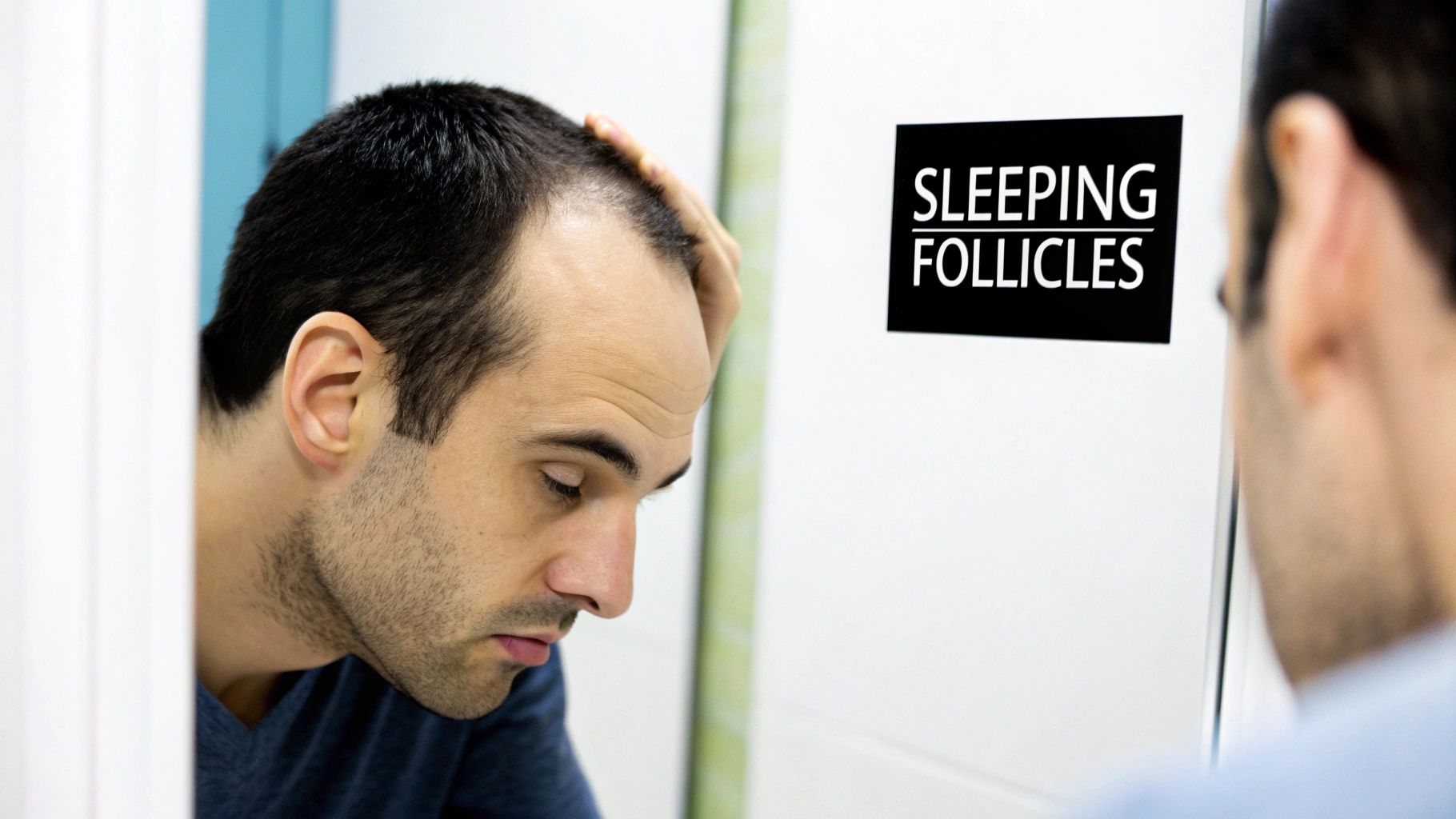 A man looking at his receding hairline in a mirror, with a 'Sleeping Follicles' sign.