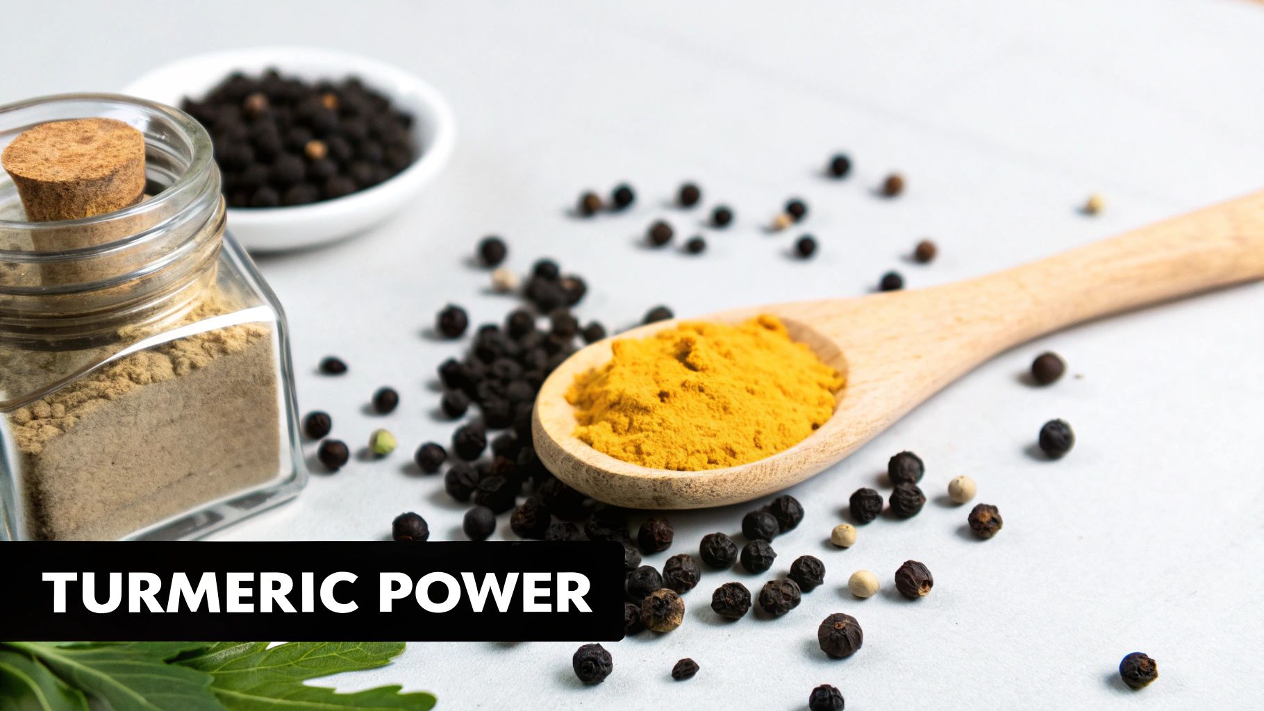 A wooden spoon holds vibrant turmeric powder, surrounded by black peppercorns and a spice jar.