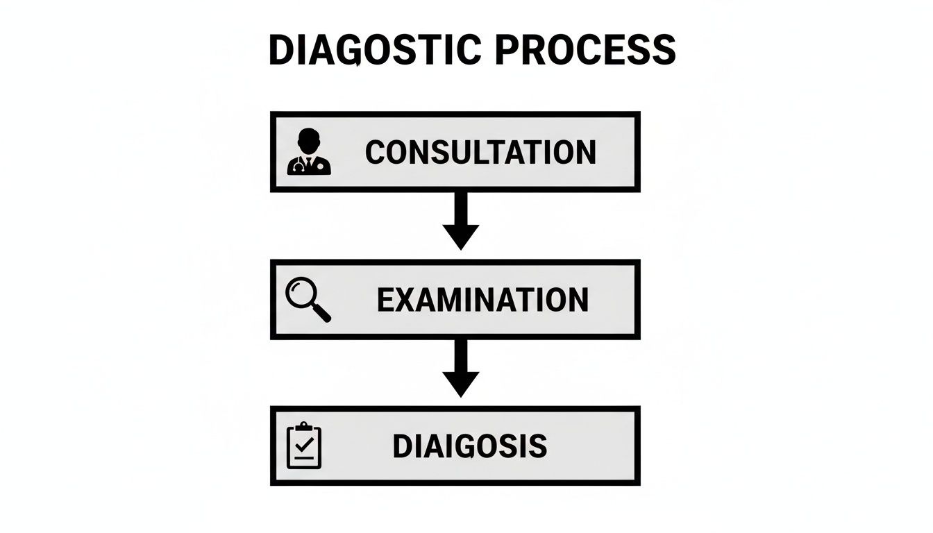 Flowchart showing the diagnostic process: consultation with a doctor, examination, and diagnosis.