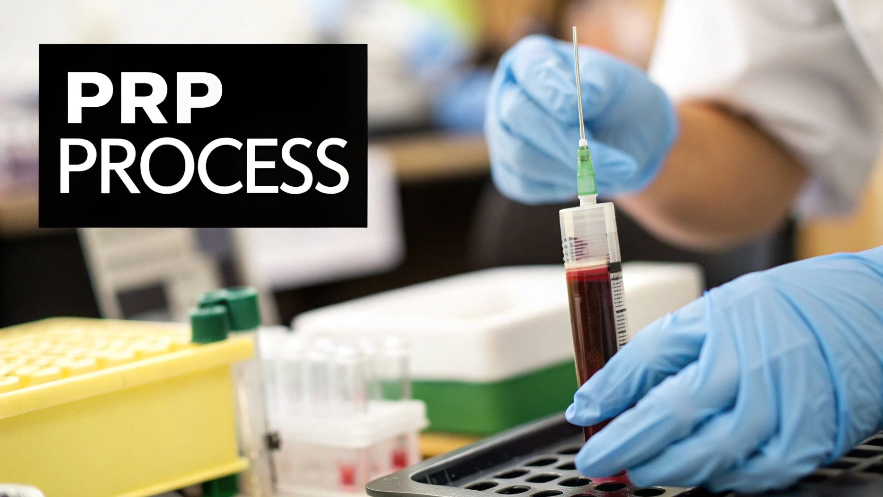 A technician holding a test tube of separated PRP, with a centrifuge in the background.