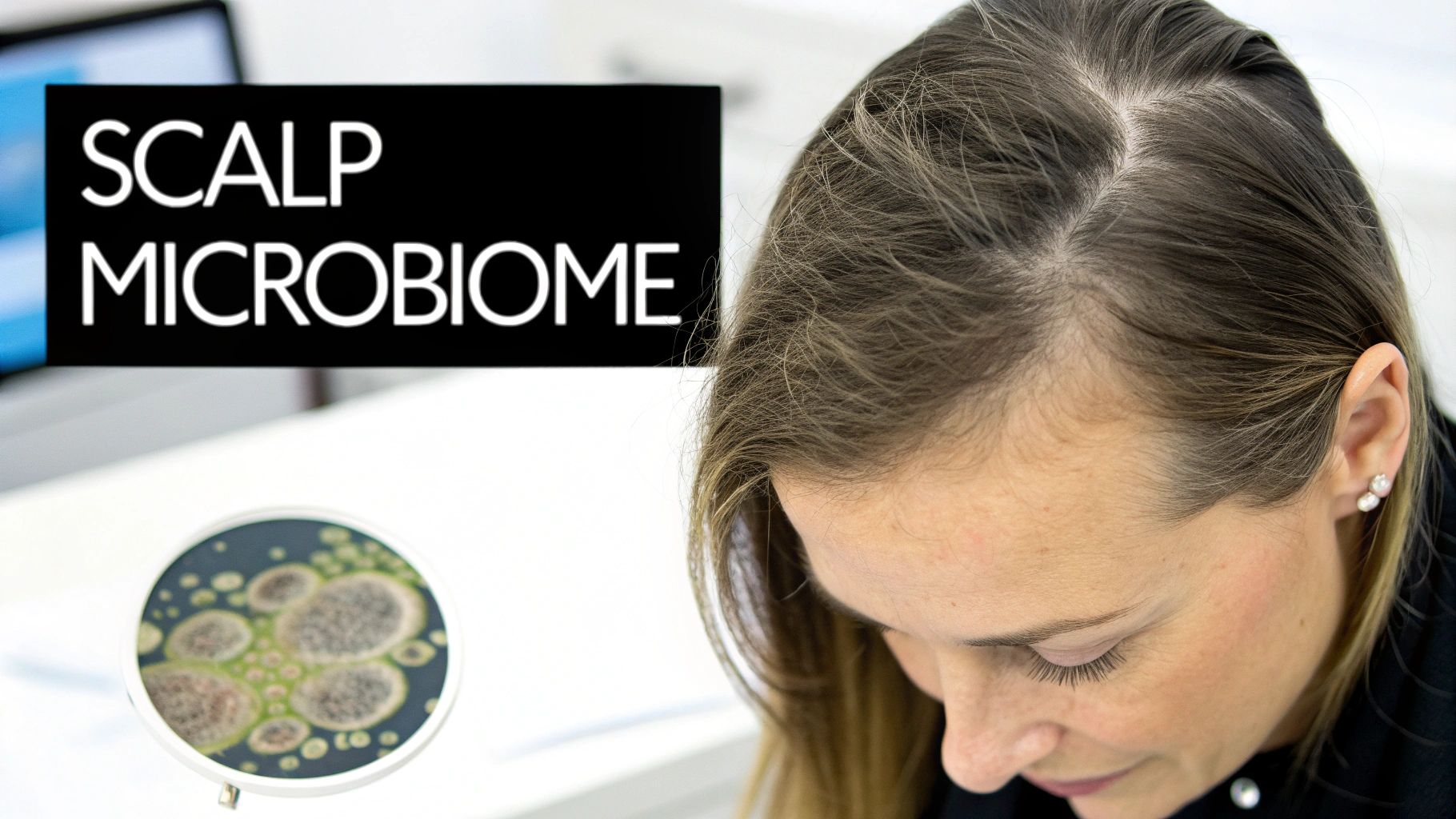 A woman's scalp is visible next to a petri dish with microorganisms and 'SCALP MICROBIOME' text.