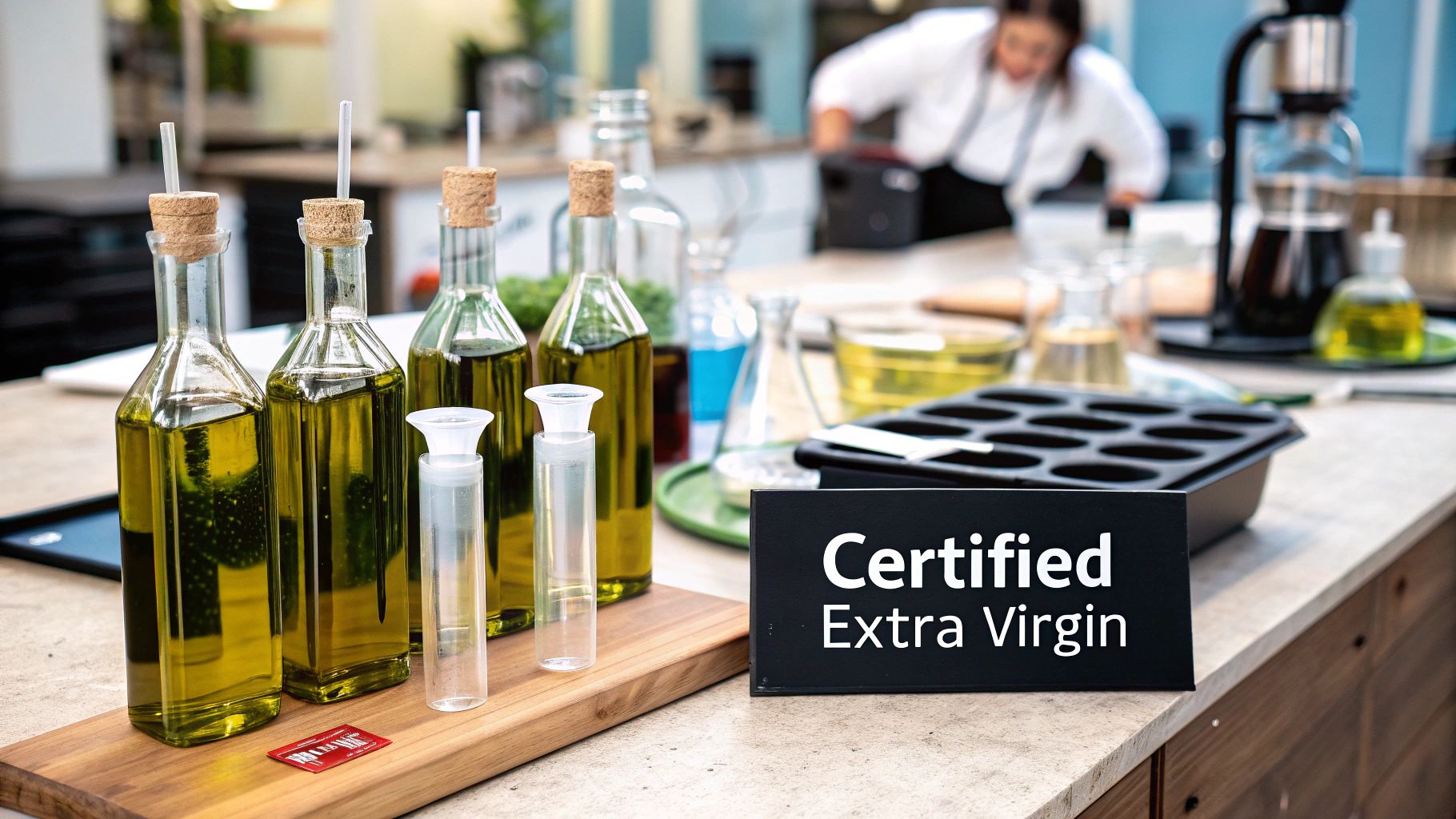 A close-up of an olive oil label showing the 'extra virgin' designation.