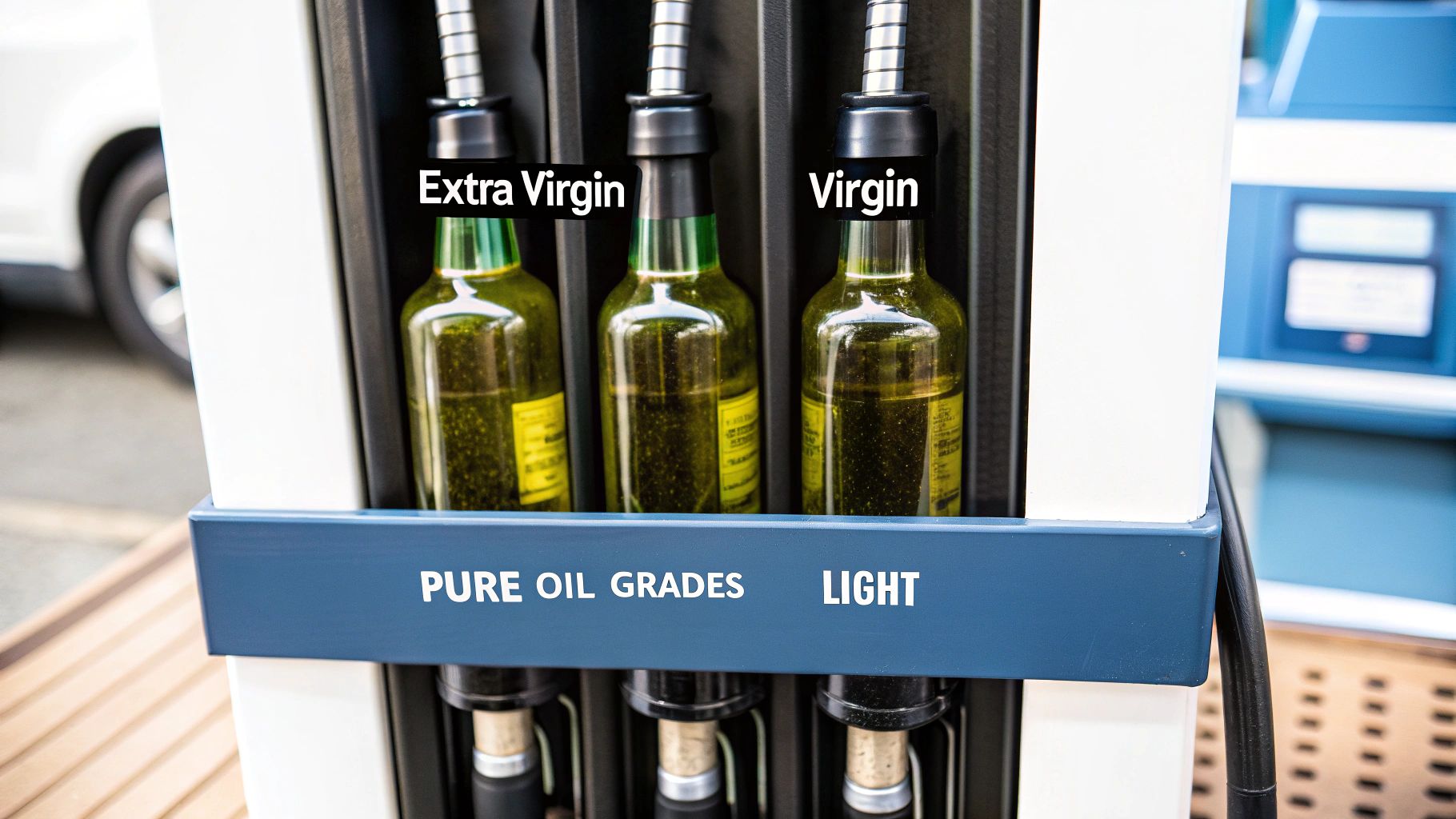 Different grades of olive oil in clear glass bottles against a light background