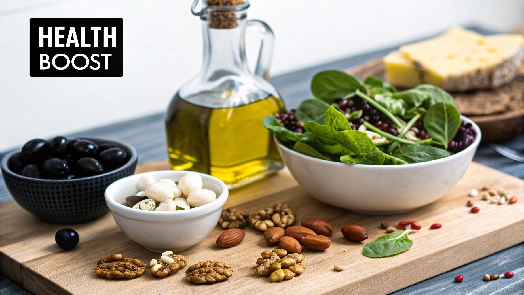 A vibrant salad being drizzled with high-quality extra virgin olive oil