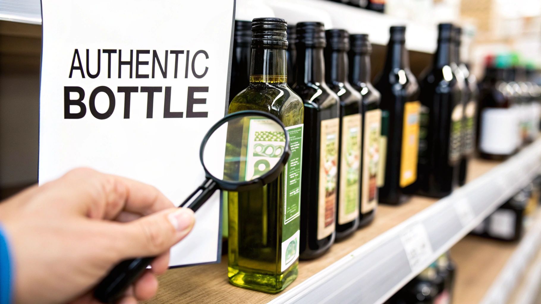 A person carefully examining the label on a bottle of extra virgin cold pressed organic olive oil in a well-lit grocery aisle.