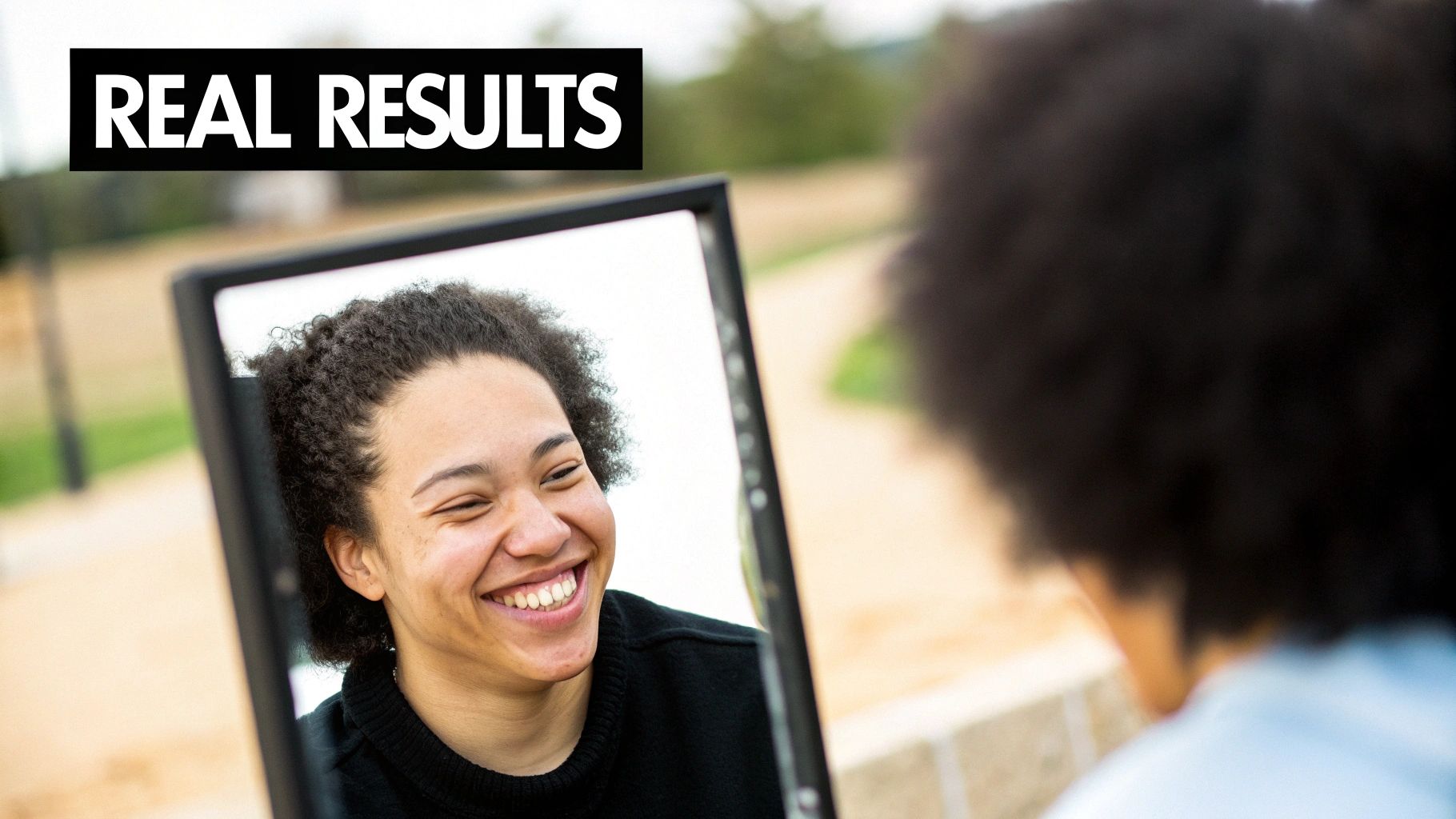 A joyful woman with curly hair smiles at her reflection in a mirror, with 'REAL RESULTS' text overlay.
