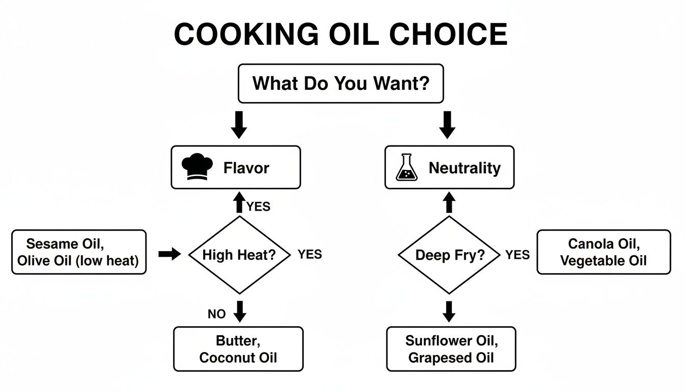 A cooking oil choice flowchart guiding selection based on flavor, neutrality, and cooking method.
