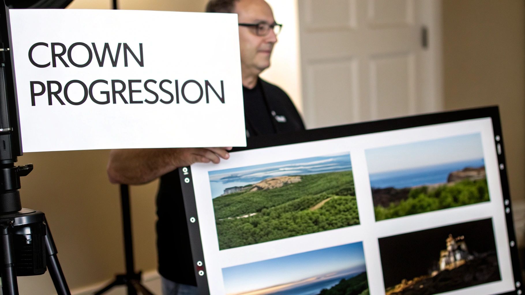 Man holding a white board with 'CROWN PROGRESSION' text and a display of landscape photographs.