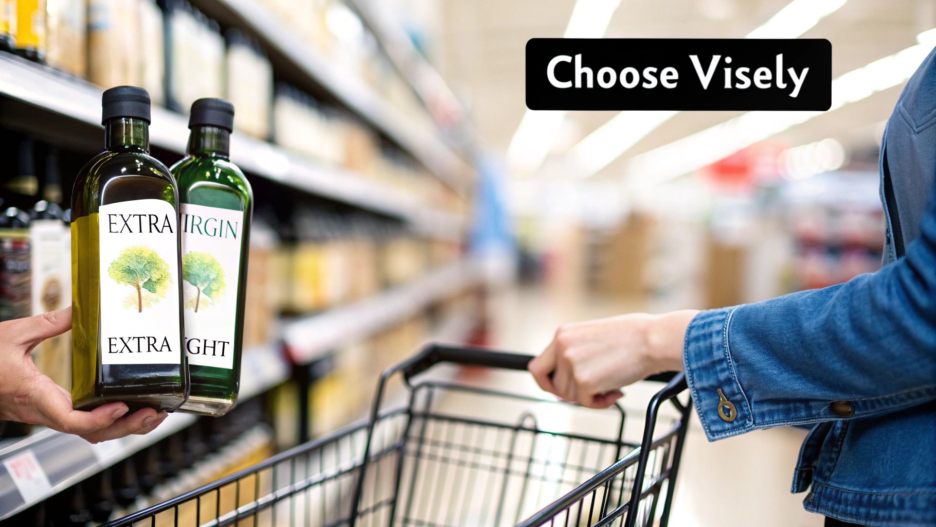 A hand holds Extra Virgin and Extra Light olive oil bottles in a supermarket aisle with a shopping cart.