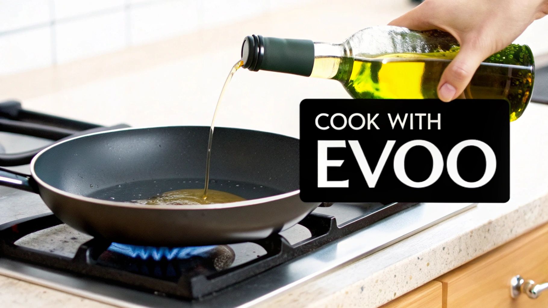 A bottle of olive oil next to a pan with vegetables being sautéed, emphasizing its use in cooking.