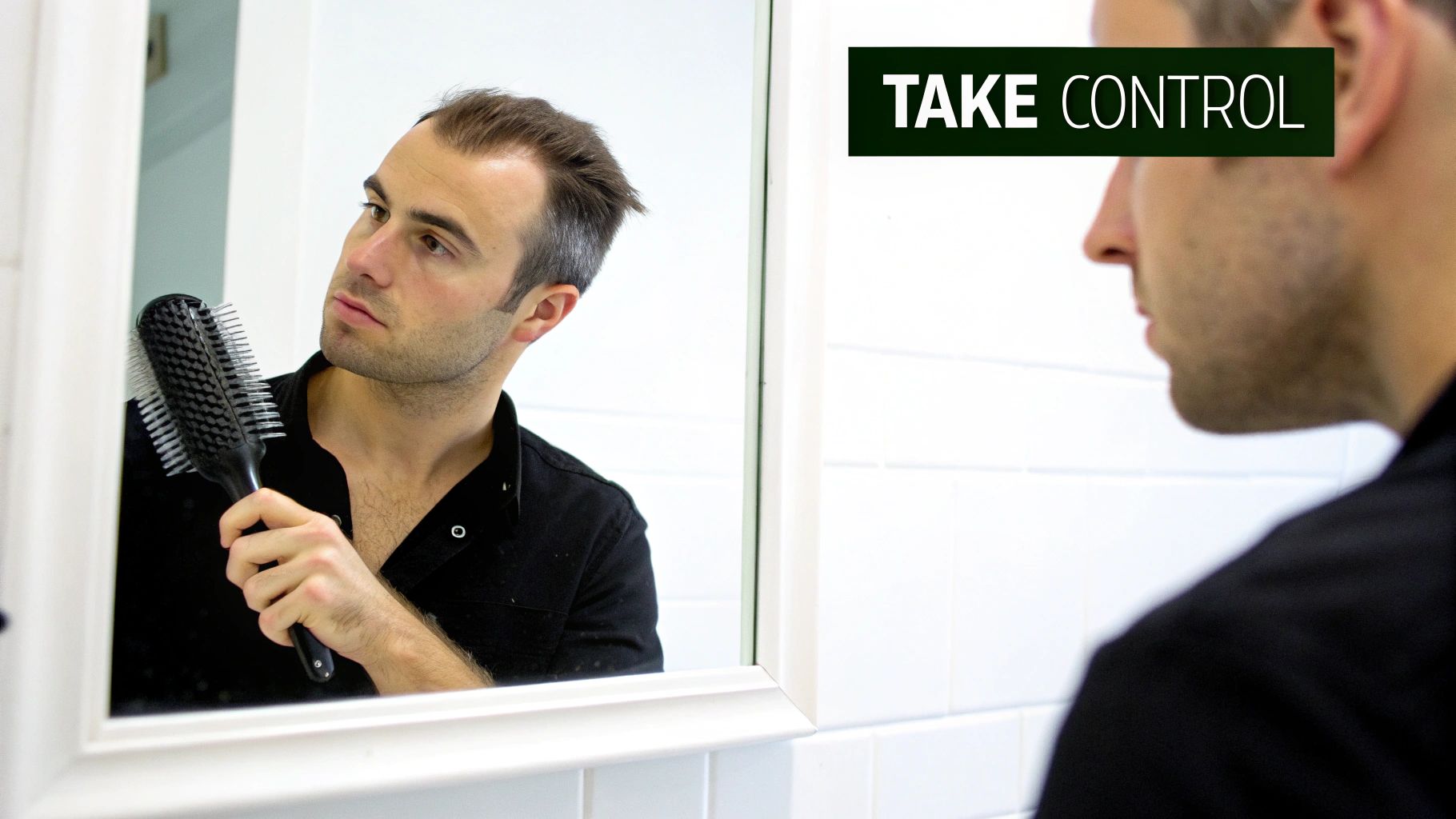 A man applying hair growth oil to his scalp, with a dropper.