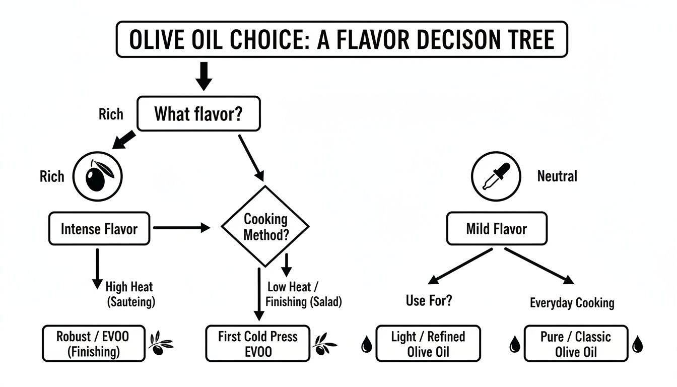 A decision tree flowchart for choosing olive oil based on desired flavor and cooking method.