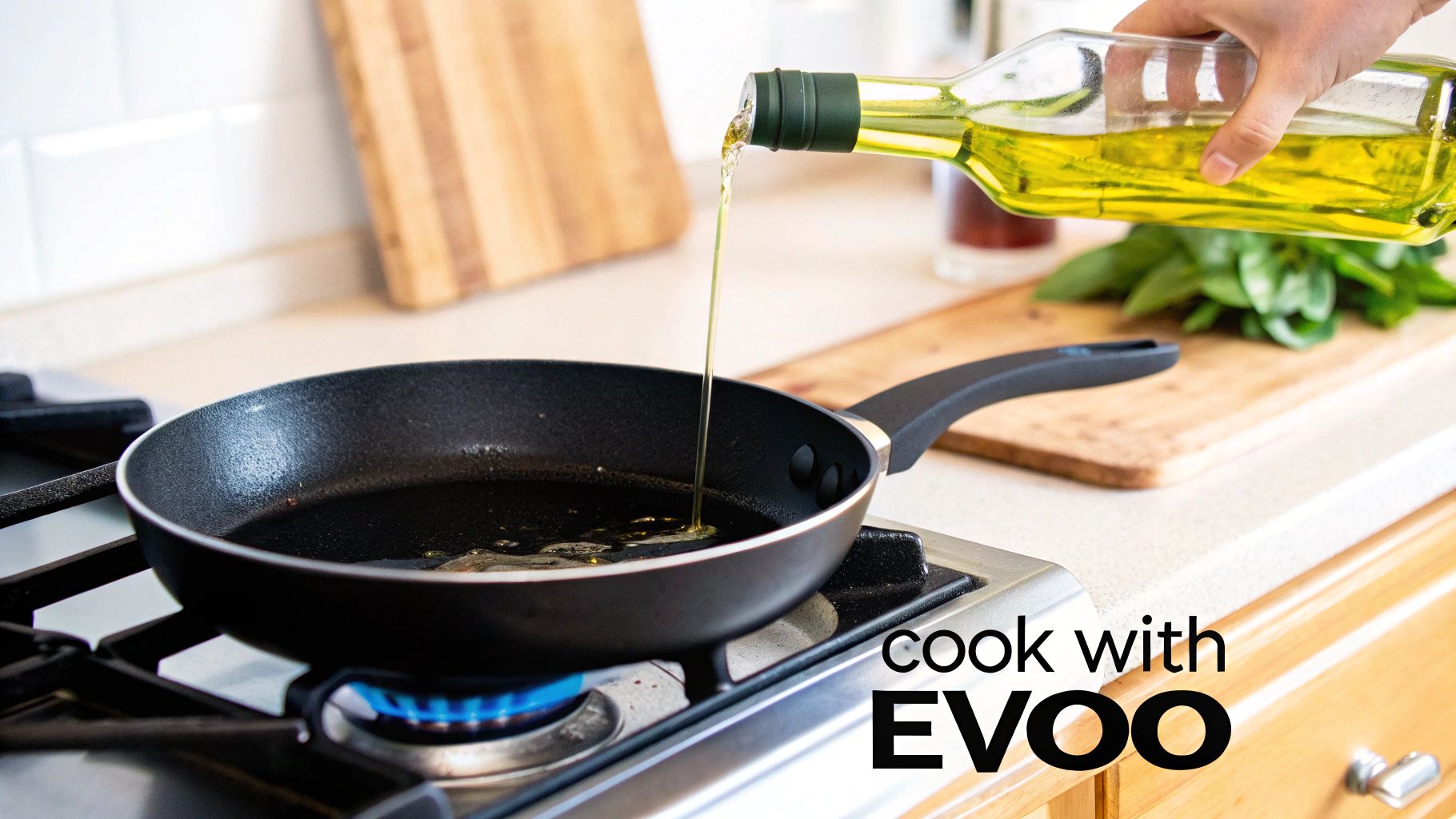 A hand pours extra virgin olive oil into a hot frying pan on a gas stove in a kitchen.