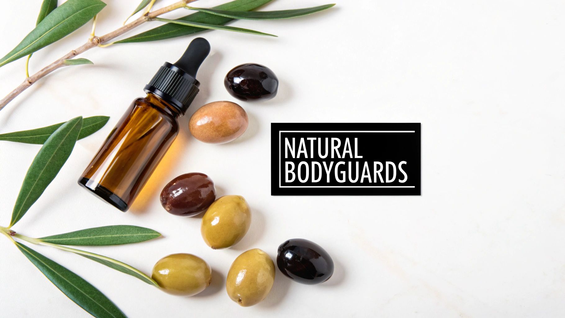 Olive oil dropper bottle with green leaves and assorted olives on a white background, promoting natural benefits.