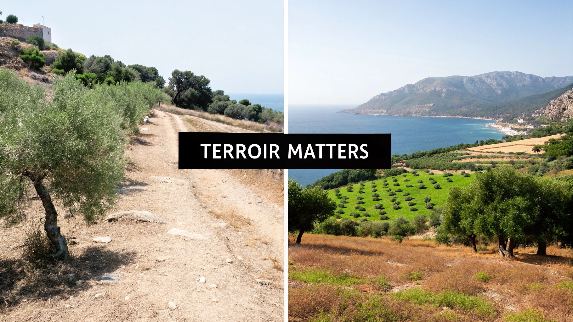 A split image showcasing two coastal landscapes with olive trees, one dry and one lush, with 'TERROIR MATTERS' text.
