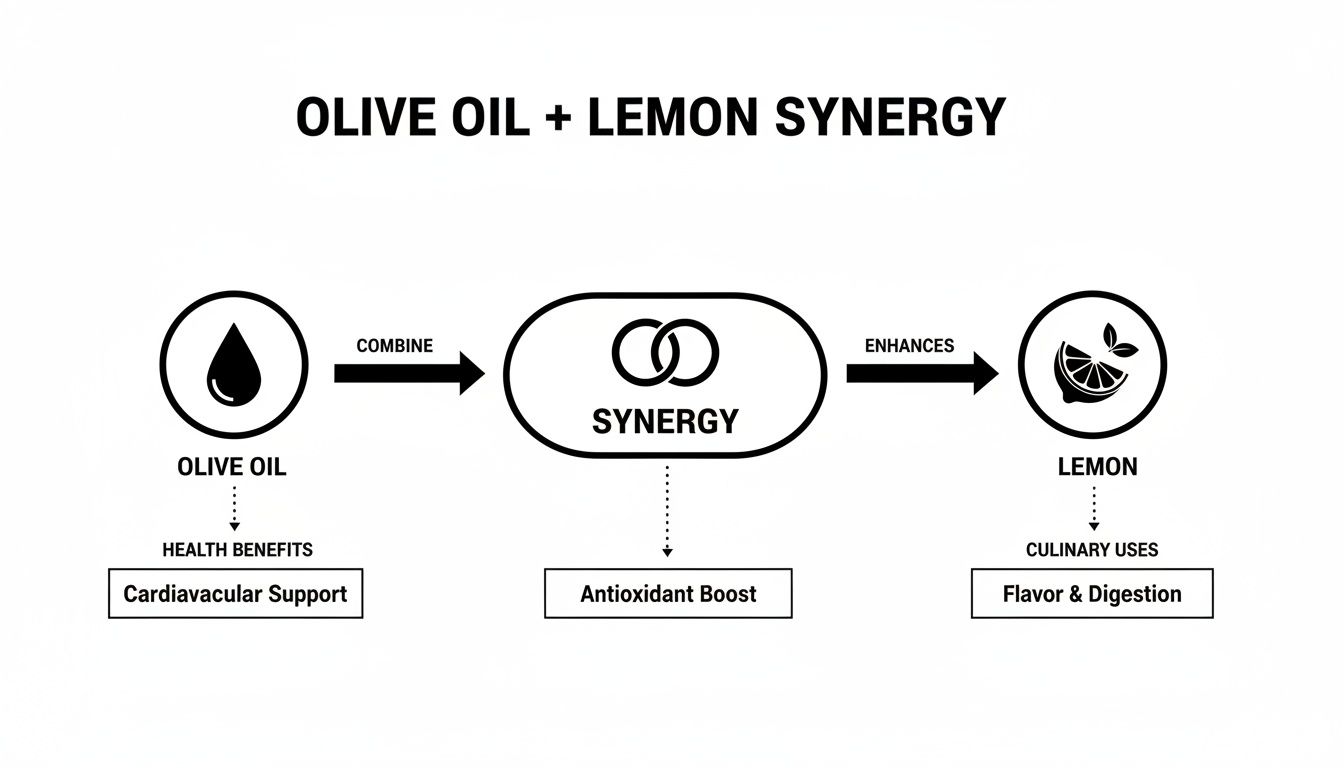 Flowchart showing the health and culinary benefits of combining olive oil and lemon for synergy.