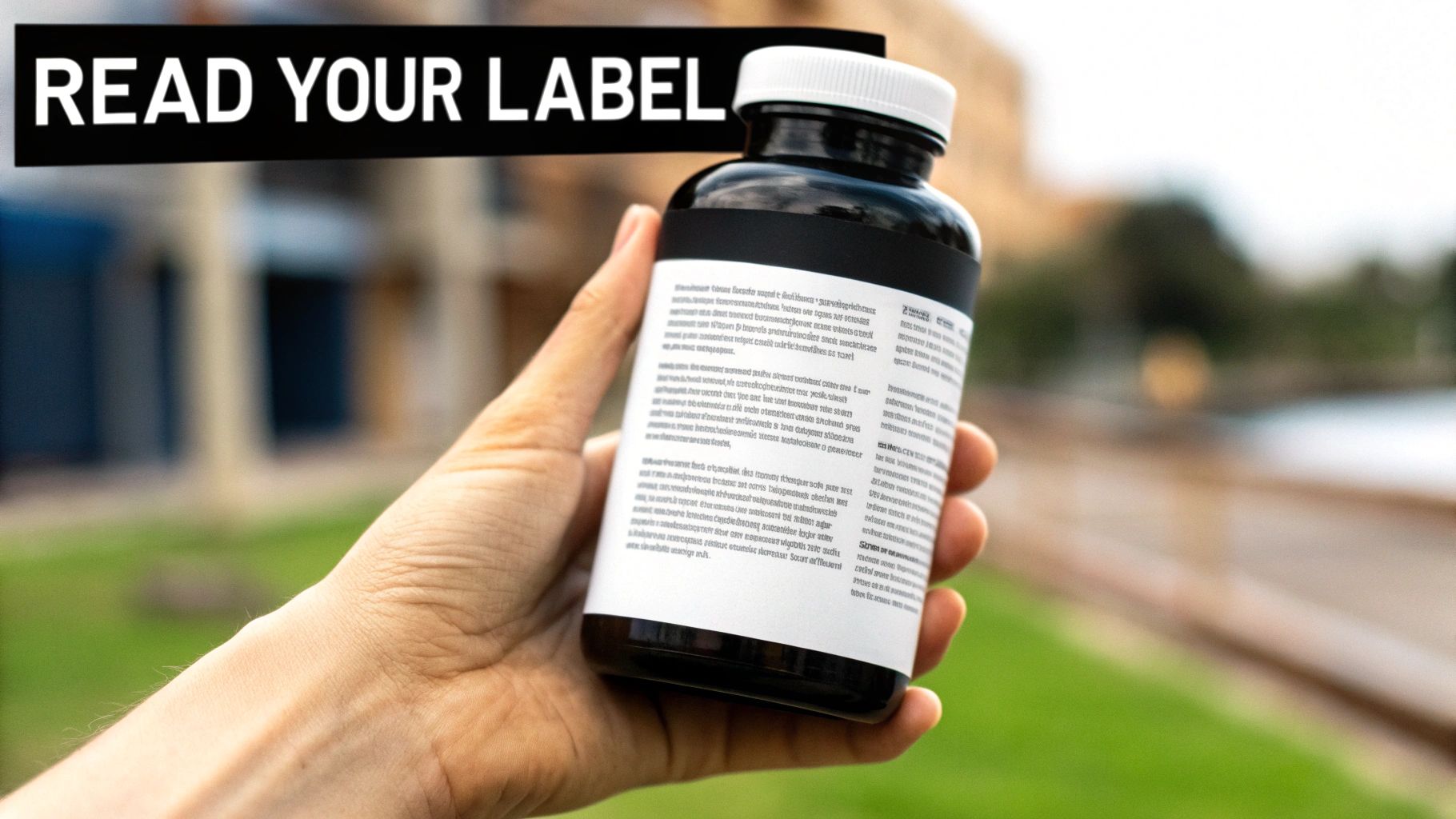 A man carefully reading the label on a bottle of hair vitamins.