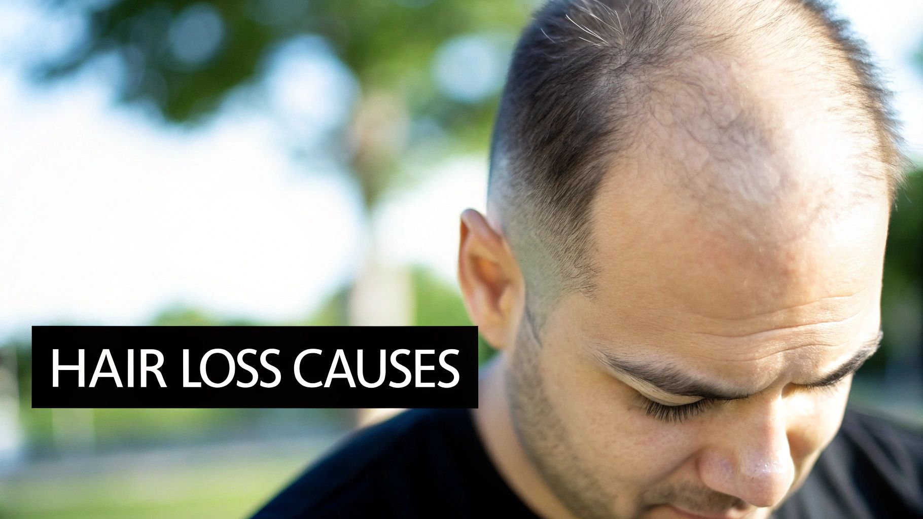 Man looking at his thinning hair in the mirror.