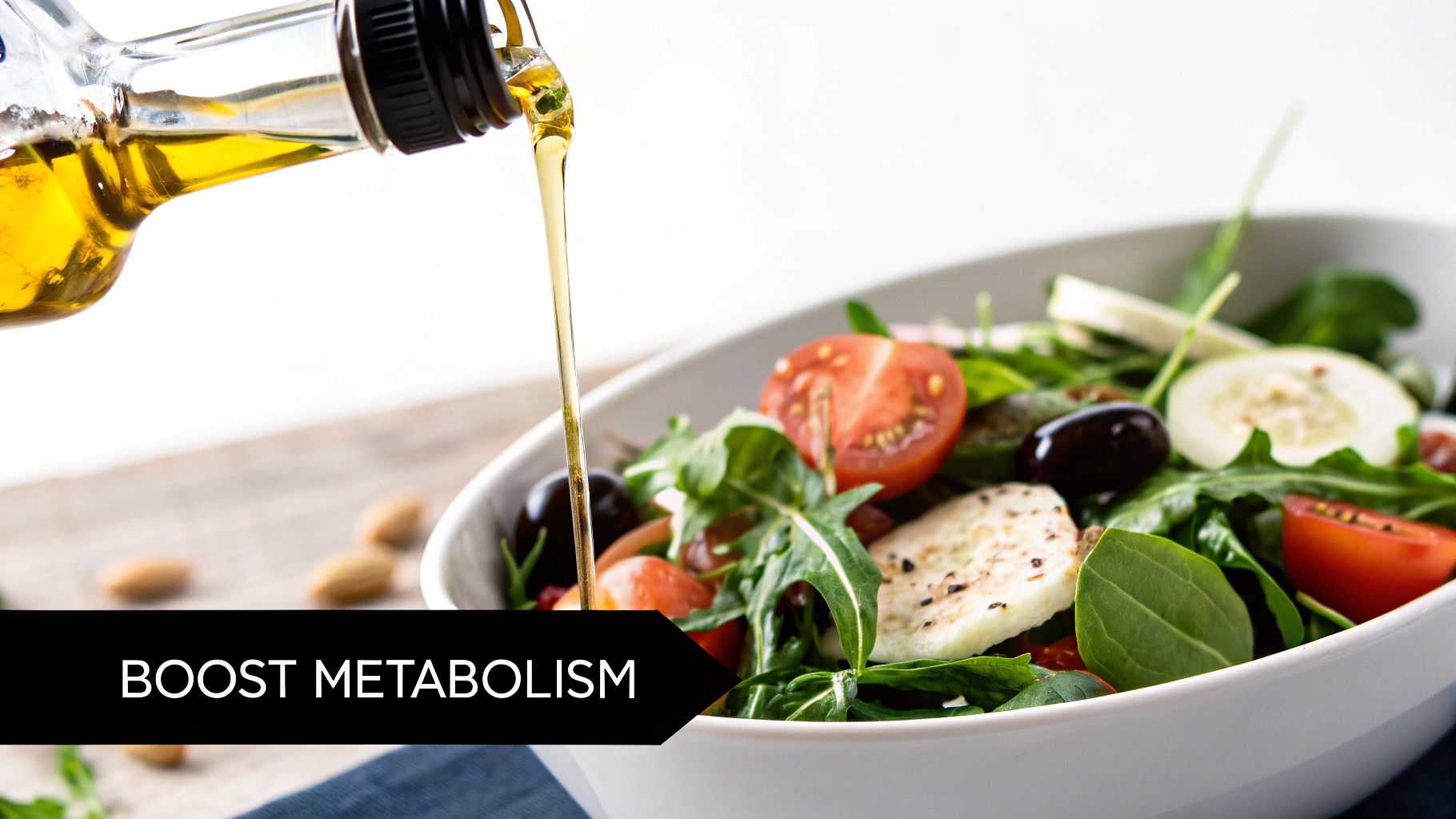 A woman happily pours extra virgin olive oil onto a vibrant salad