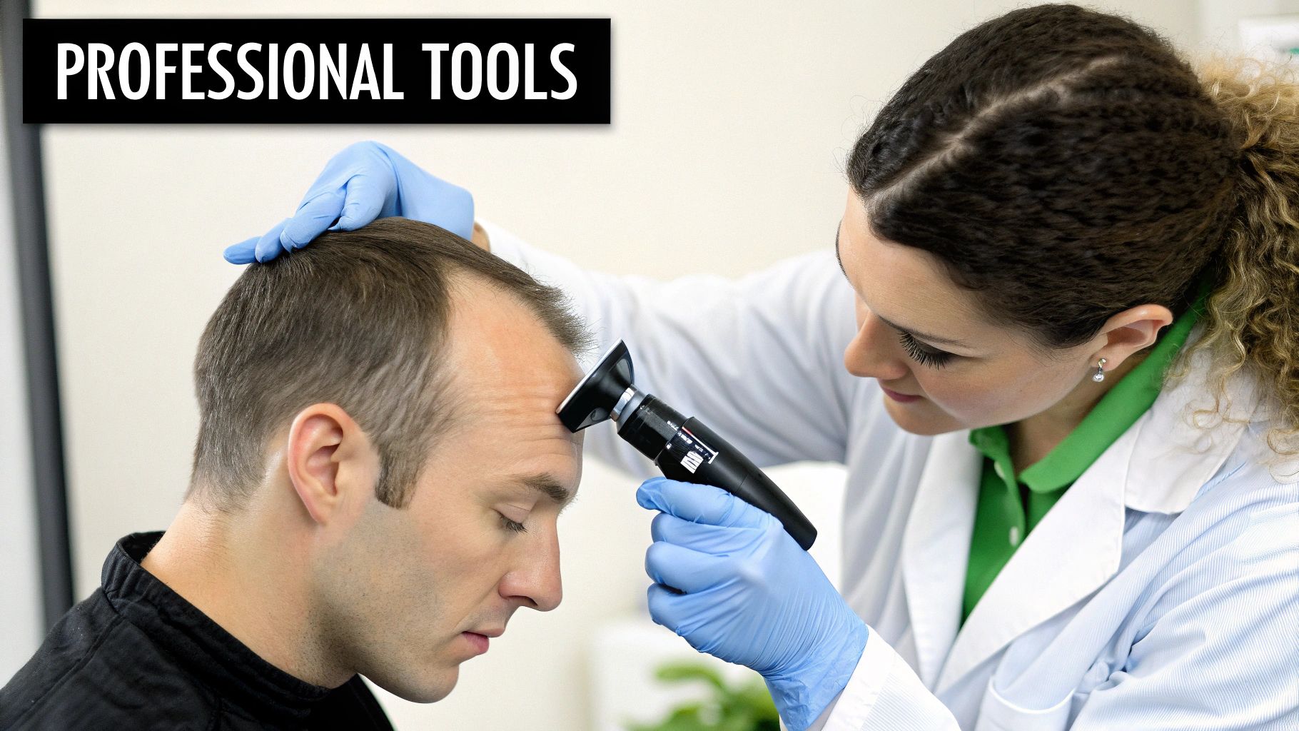 Close-up of a professional analyzing scalp hair with a tool