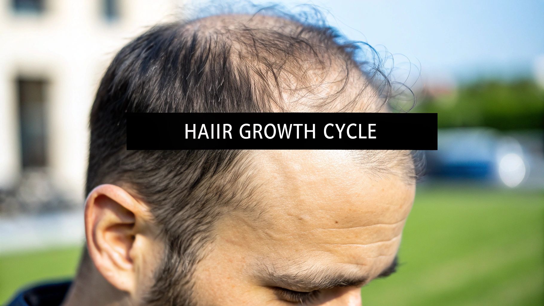 Close-up of a man's head showing significant hair thinning on the scalp with text "HAIIR GROWTH CYCLE".
