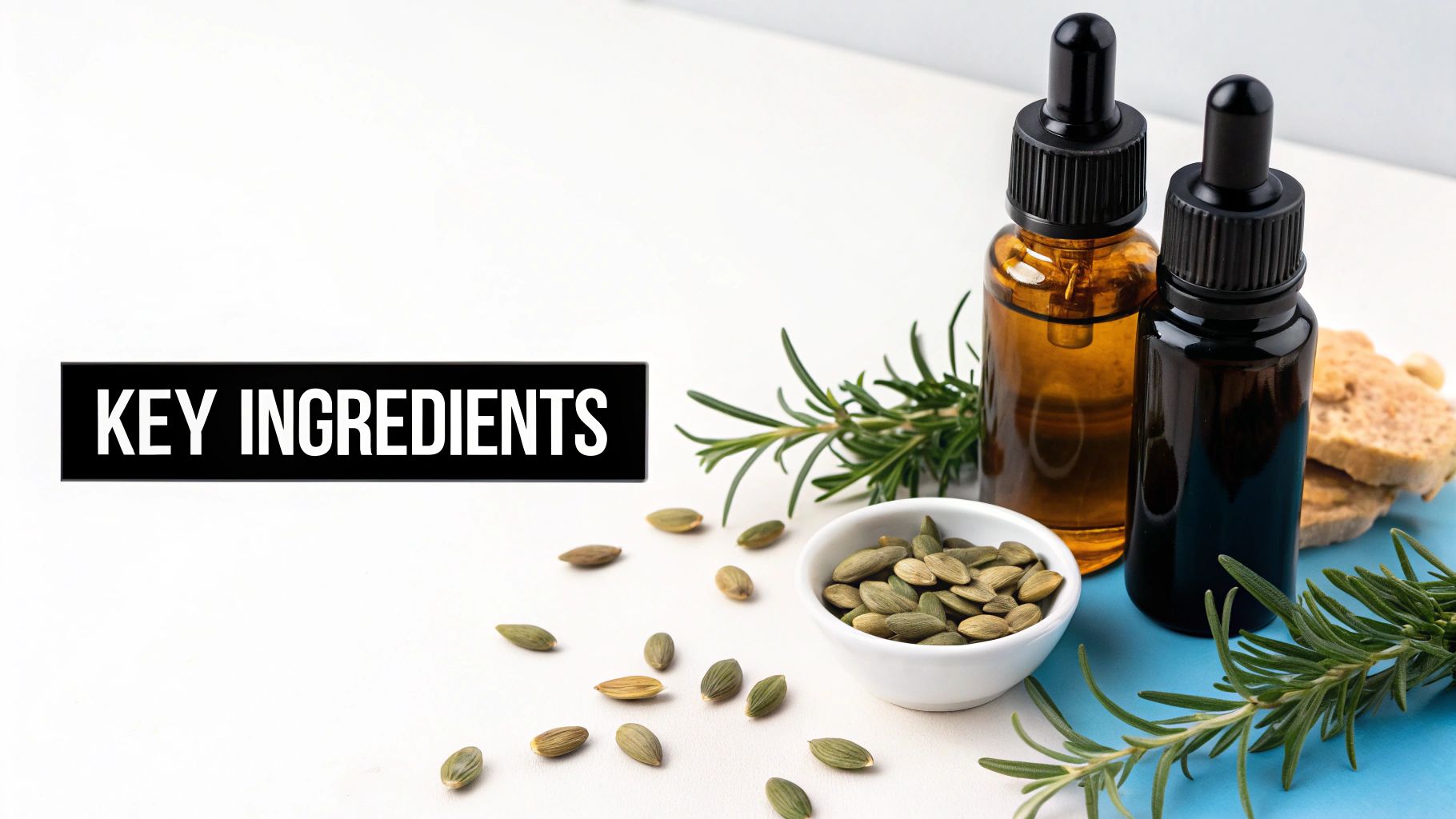 A close-up of various natural oils and ingredients like rosemary sprigs.
