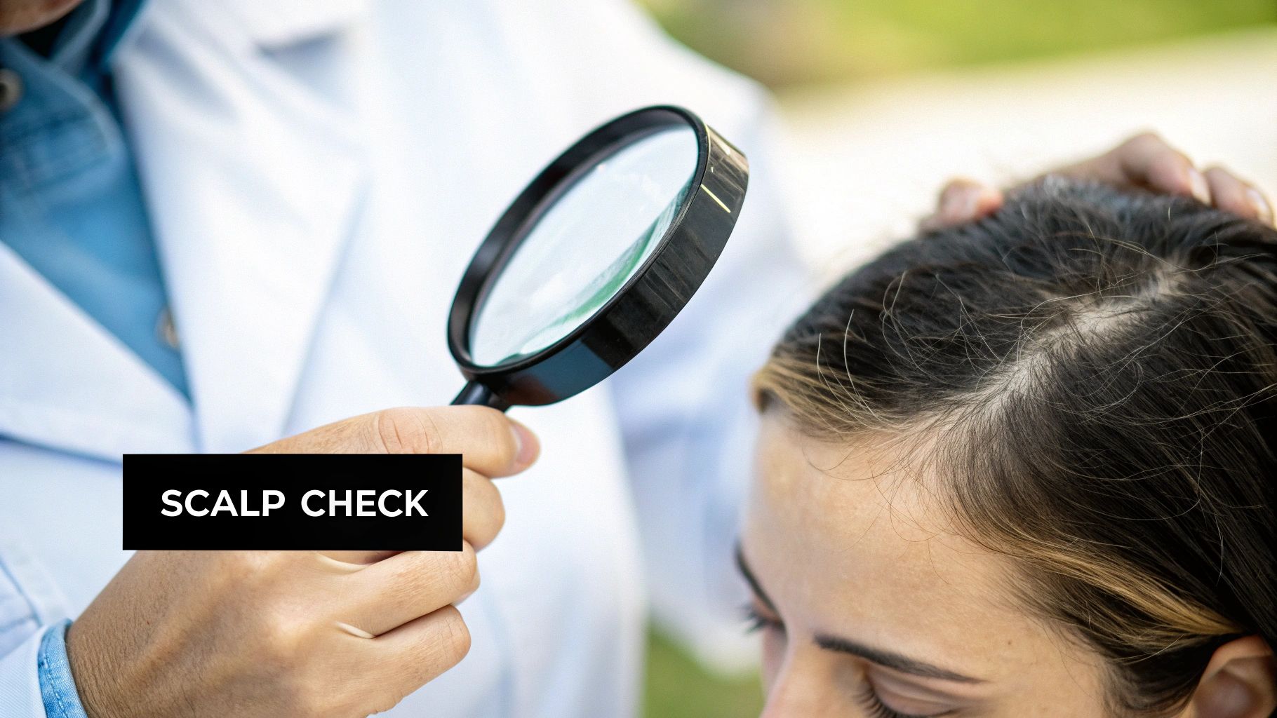 A person looking closely at their hair in a mirror, checking for signs of thinning.