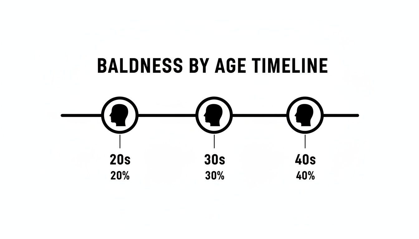 A timeline illustrating the progression of baldness by age, showing 20% in 20s, 30% in 30s, and 40% in 40s.