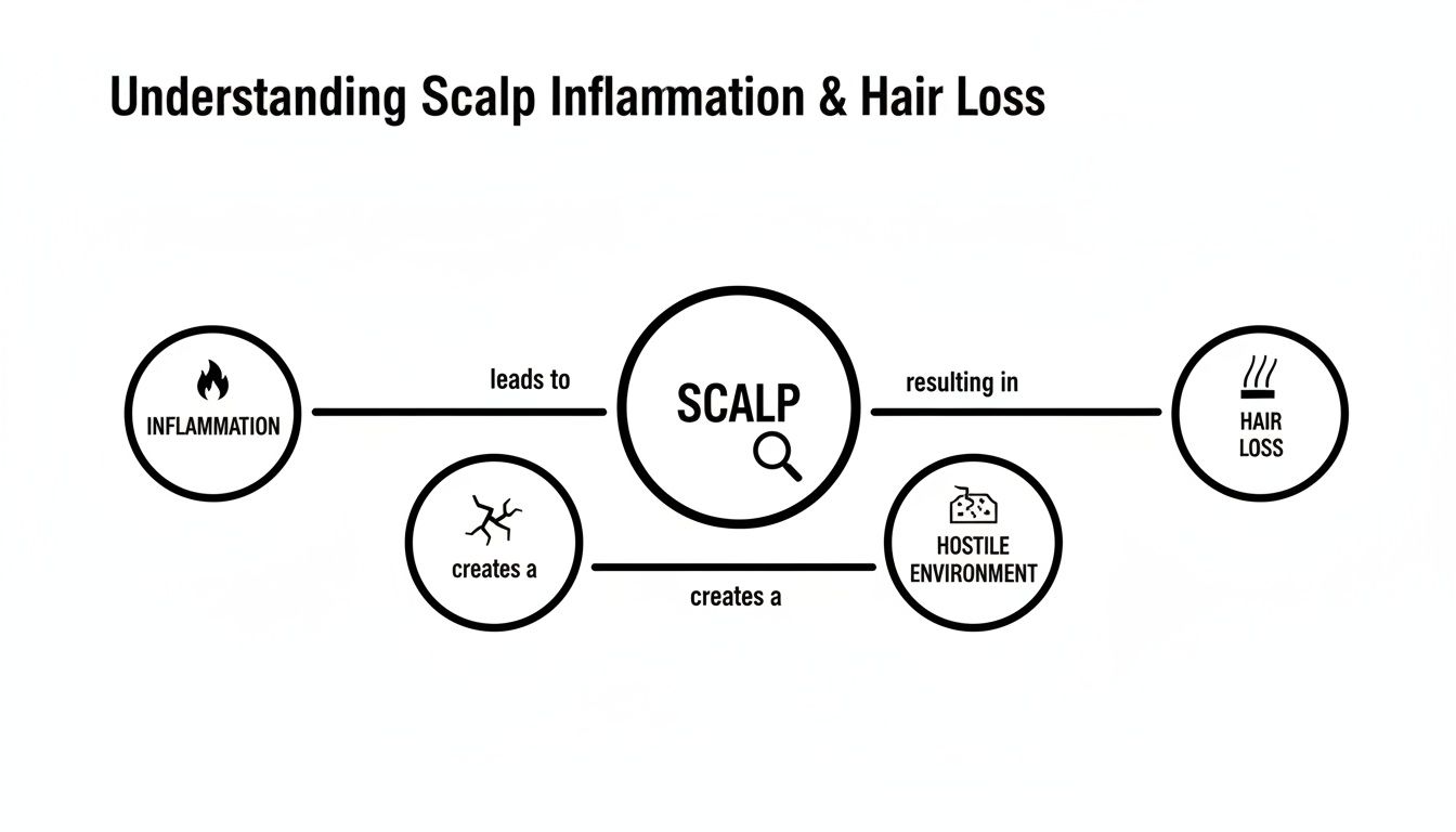 Diagram illustrating how scalp inflammation leads to a hostile environment and ultimately results in hair loss.