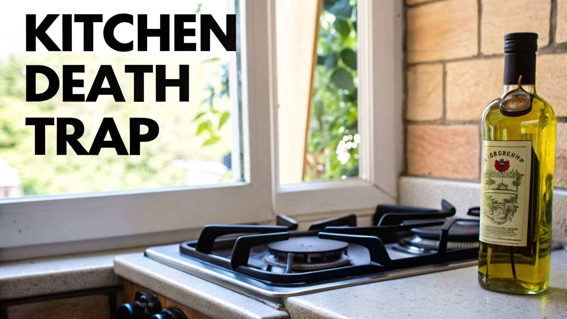 A bottle of olive oil sitting on a sunlit kitchen counter next to a stove.