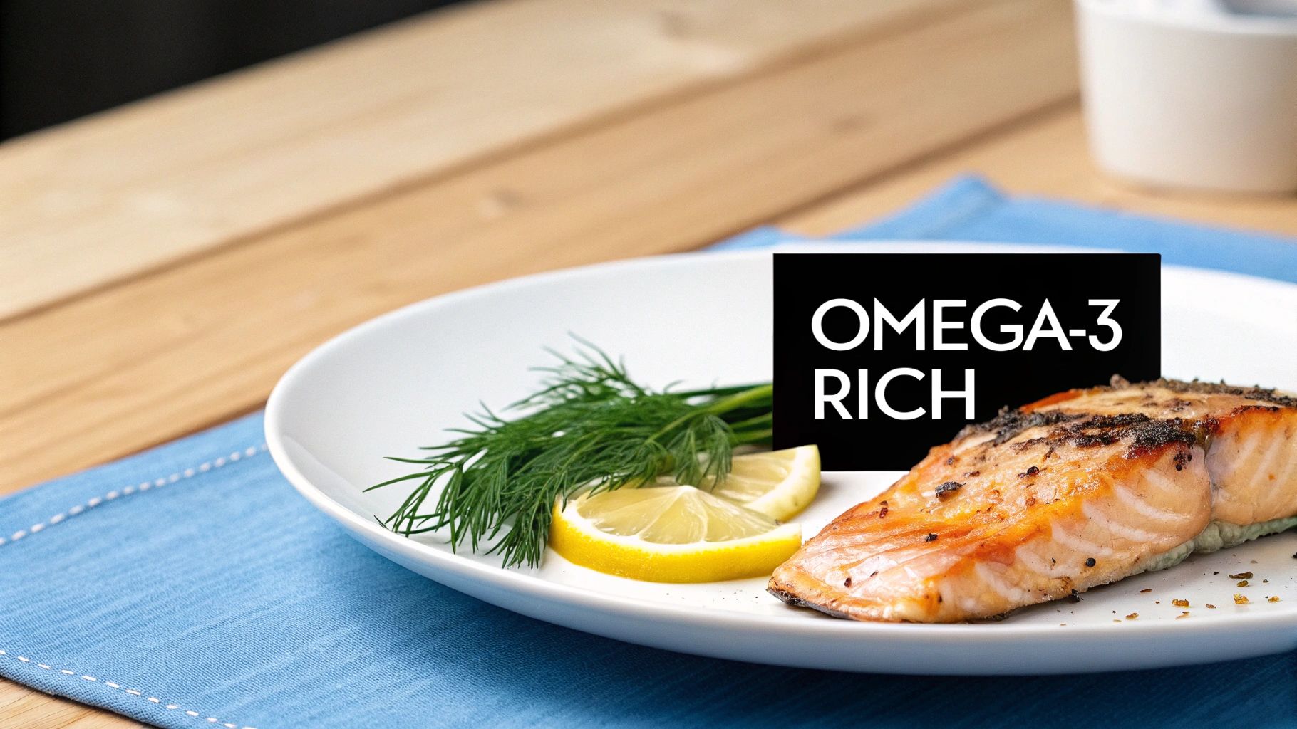 A grilled salmon fillet with lemon slices and dill on a white plate, prominently labeled 'Omega-3 Rich'.