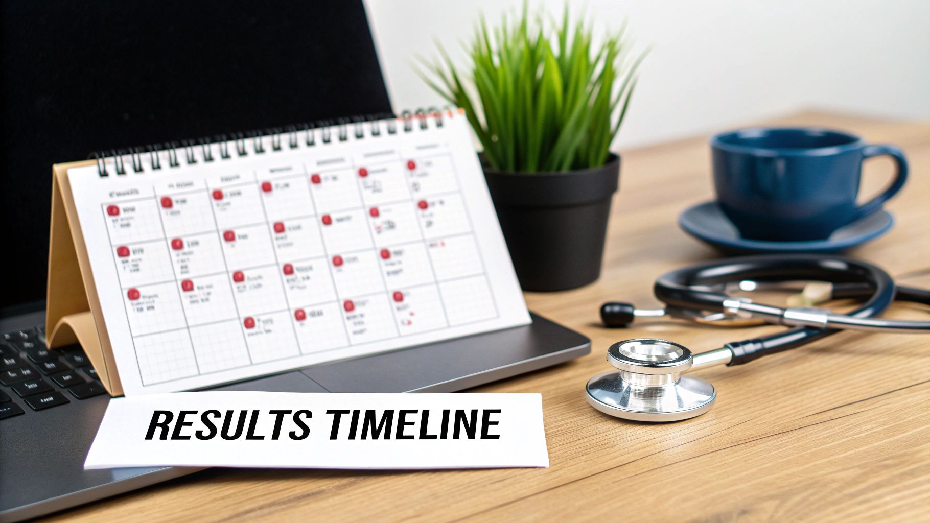 Desk setup with a 'Results Timeline' card, calendar, laptop, and stethoscope, indicating medical planning.
