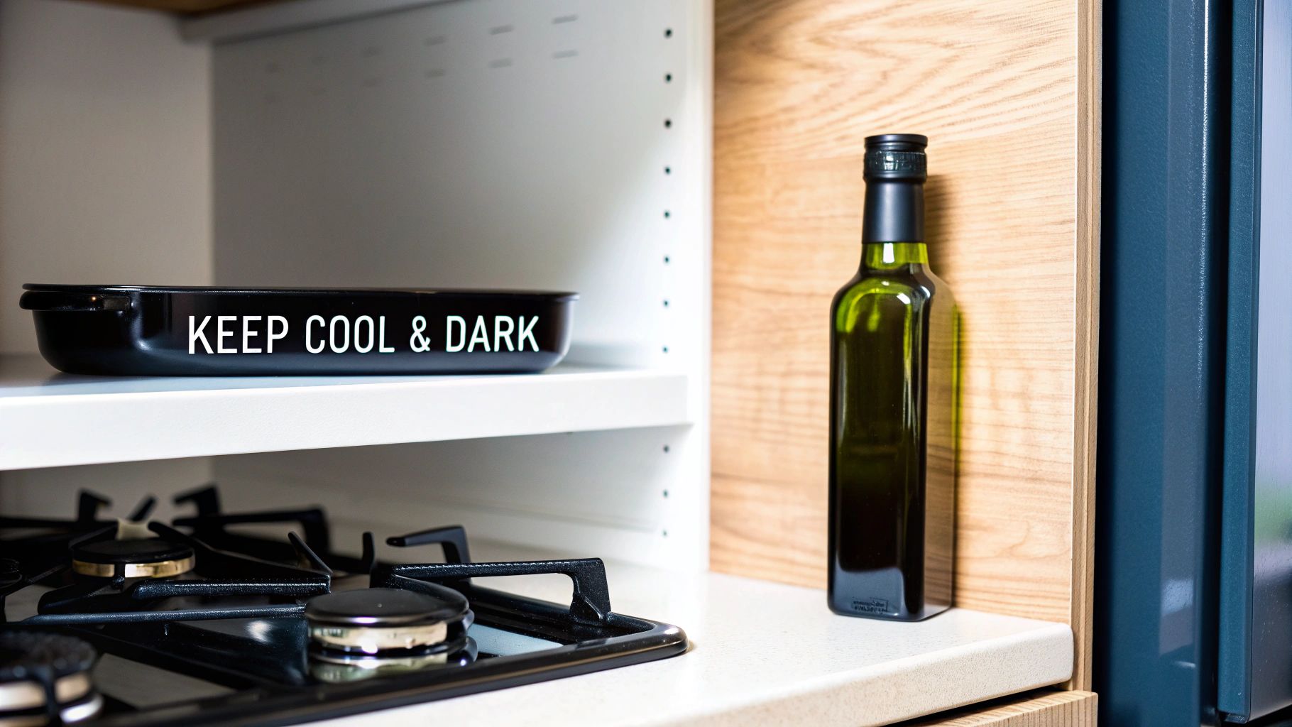 A kitchen shelf with a black pan labeled 'KEEP COOL & DARK' next to a green olive oil bottle.