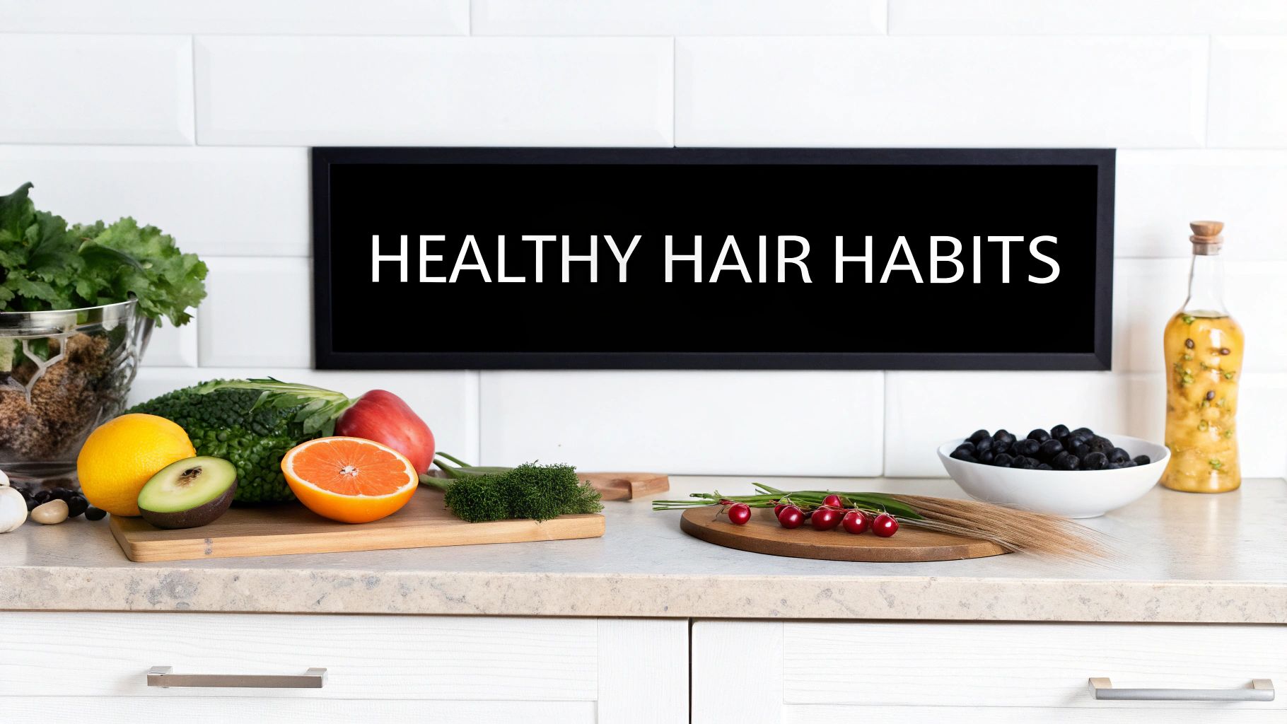 A person looking at their reflection in the mirror, focusing on their hair, with a hopeful expression.